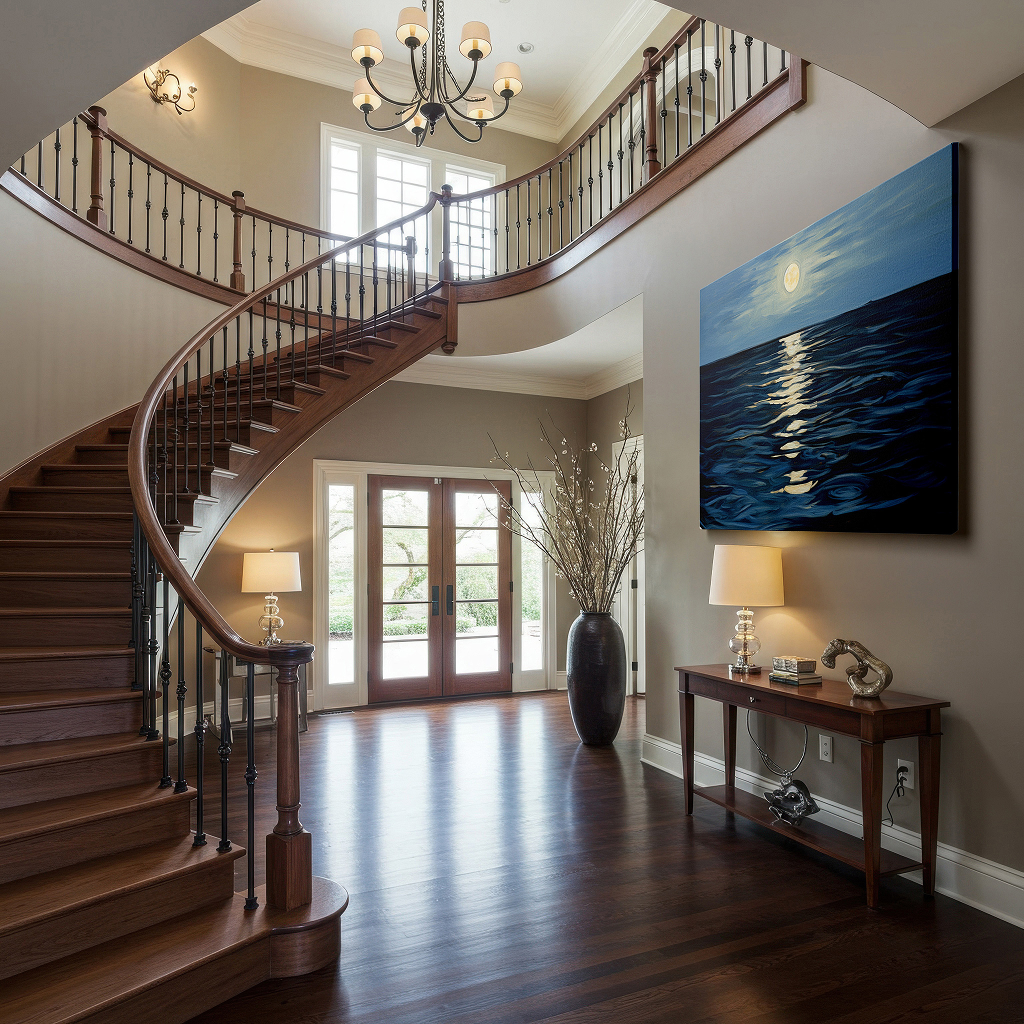 Gently illuminated by ambient lighting in an entryway — moonlit ocean tranquility: serene silvery waves and gentle light - large canvas wall art for home and office decor