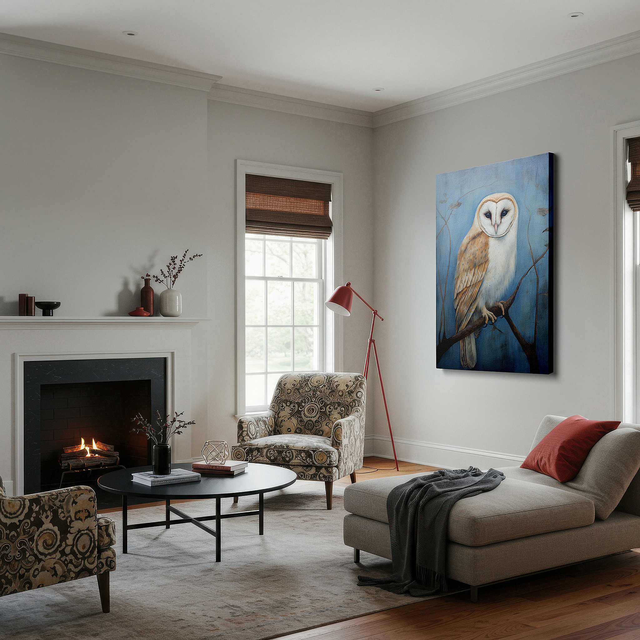 Gently illuminated by ambient lighting in an entryway — mysterious owl sitting on a branch, emblematic of nature's serenity and wisdom, oversized wall art, canvas wall art, wall decor for office