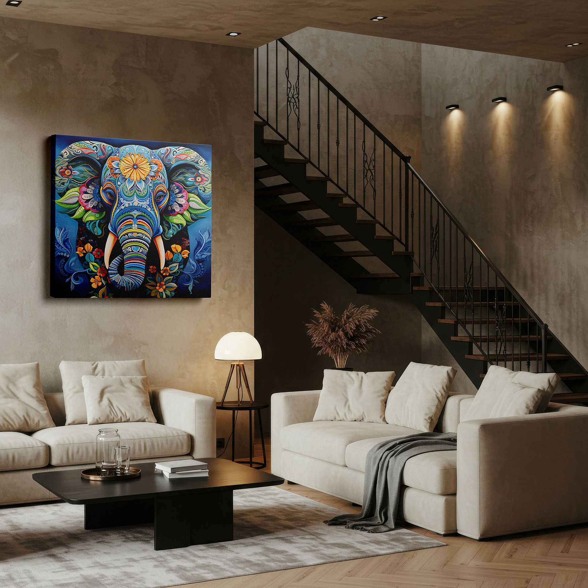 Gently illuminated by ambient lighting in an entryway — mystical blue elephant wall art featuring floral and spiral designs