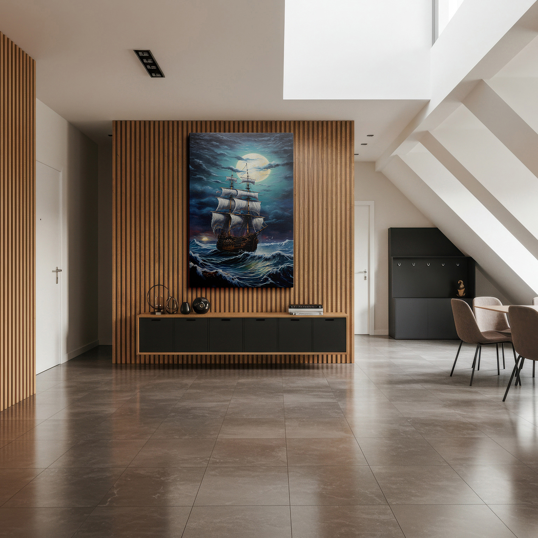 Gently illuminated by ambient lighting in an entryway — navigating stormy seas under a radiant moon - a vision of nautical resilience and mystical light: large canvas wall art for office decor