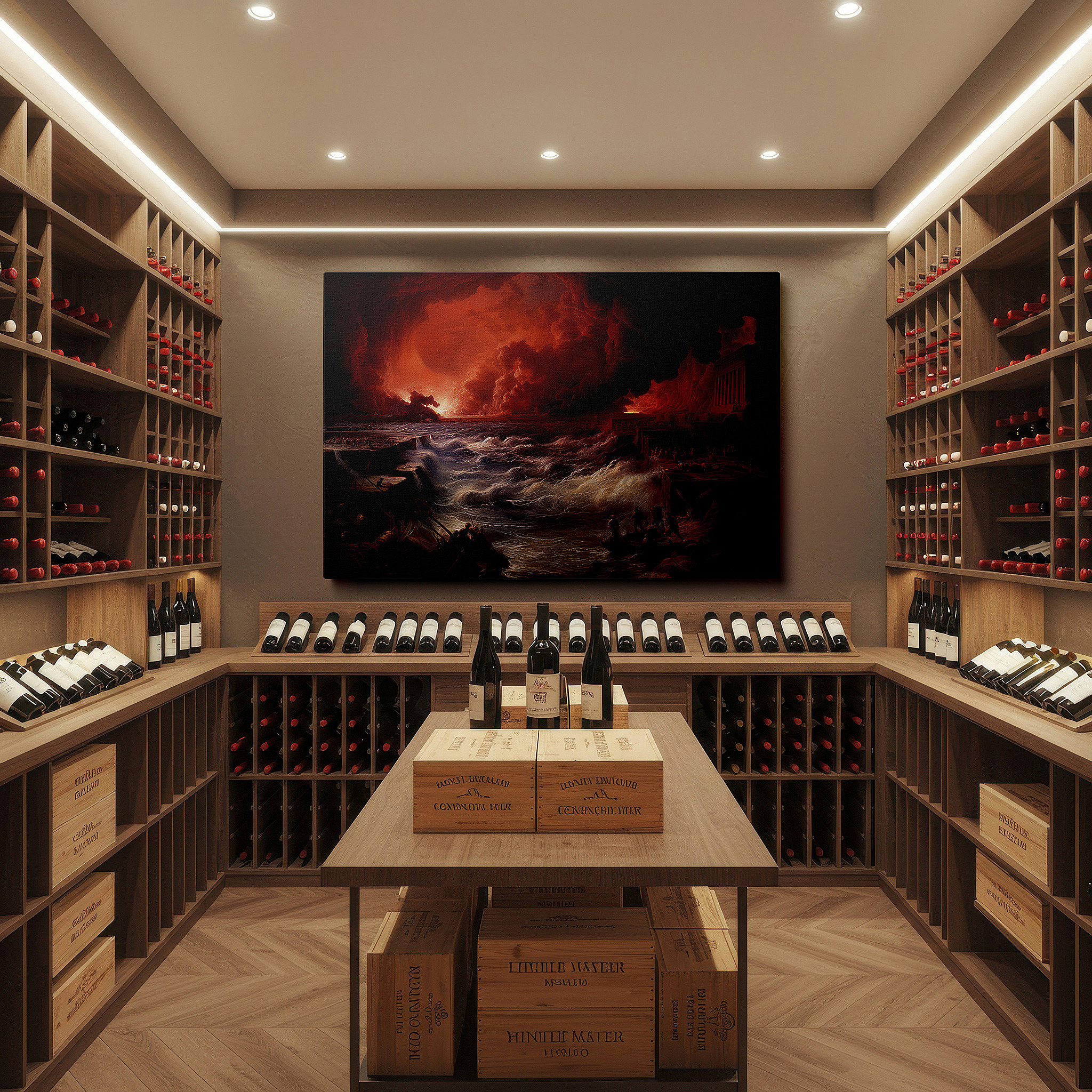 Gently illuminated by ambient lighting in an entryway — ocean's fury and fire's blaze elemental clash: ancient ruins large wall art, canvas wall art, wall decor for office and bedroom