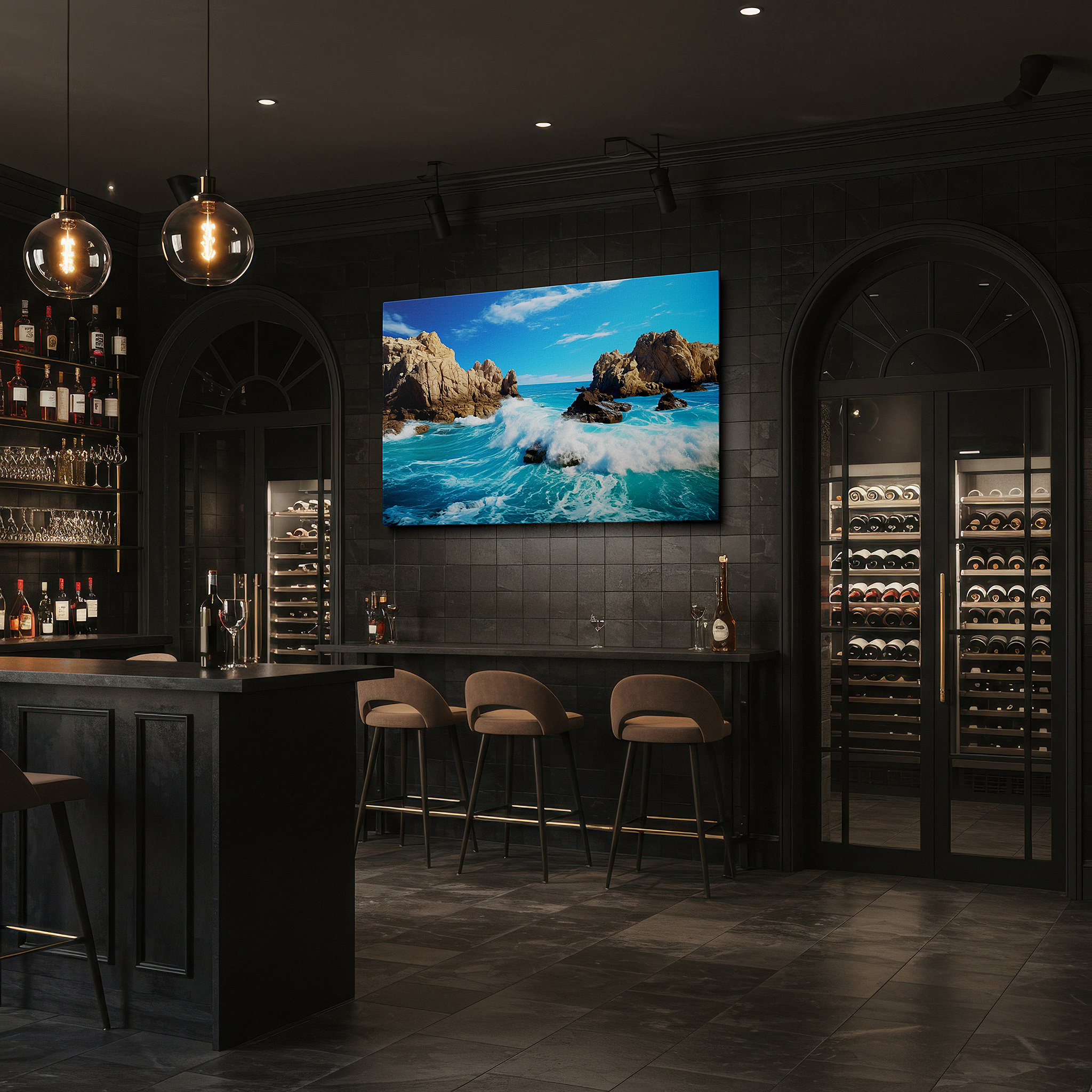 Gently illuminated by ambient lighting in an entryway — ocean's fury and stoic rocks: a stunning exhibition of nature's strength and elegance - large wall art, canvas wall art, wall decor for office and bedroom