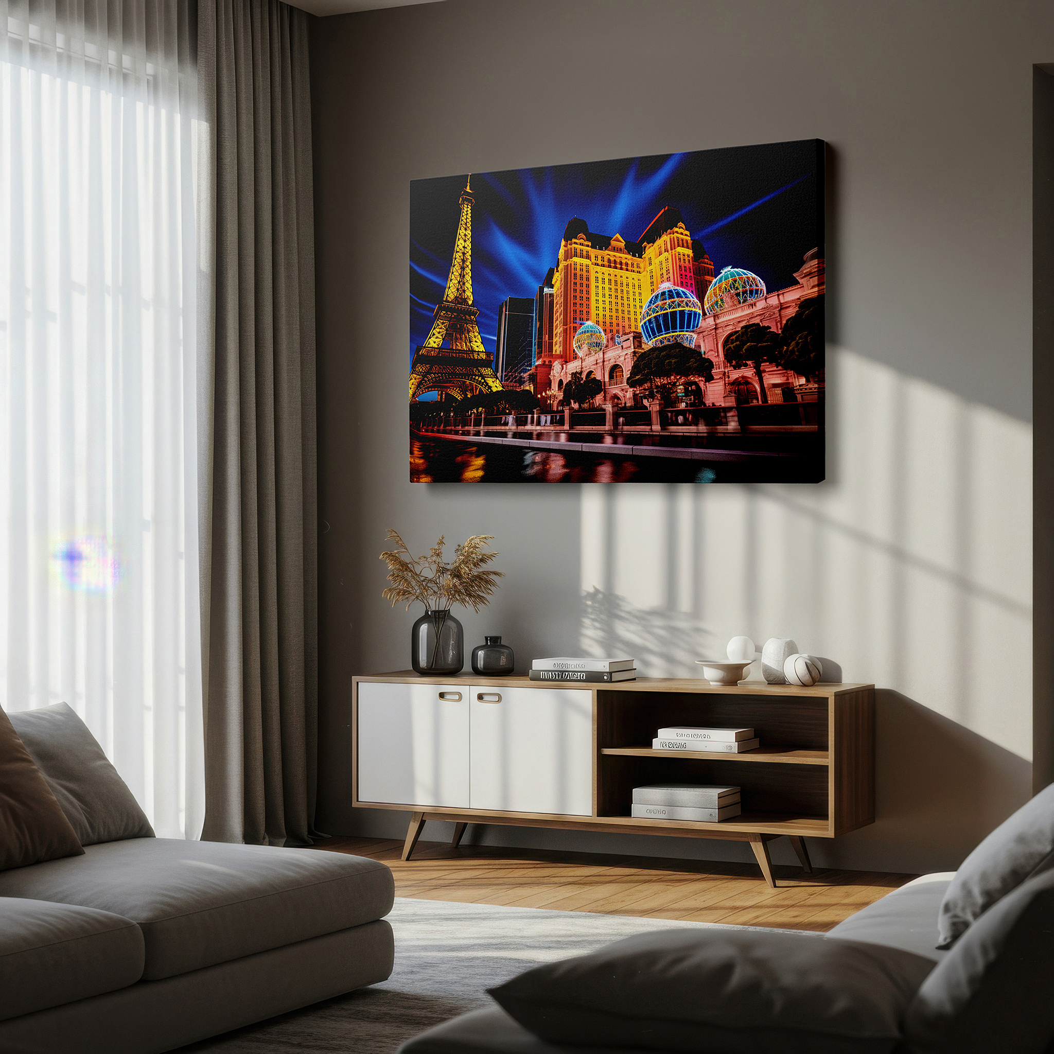 Gently illuminated by ambient lighting in an entryway — paris at night - vibrant cityscape and illuminated eiffel tower large wall art, canvas wall art, wall decor for office
