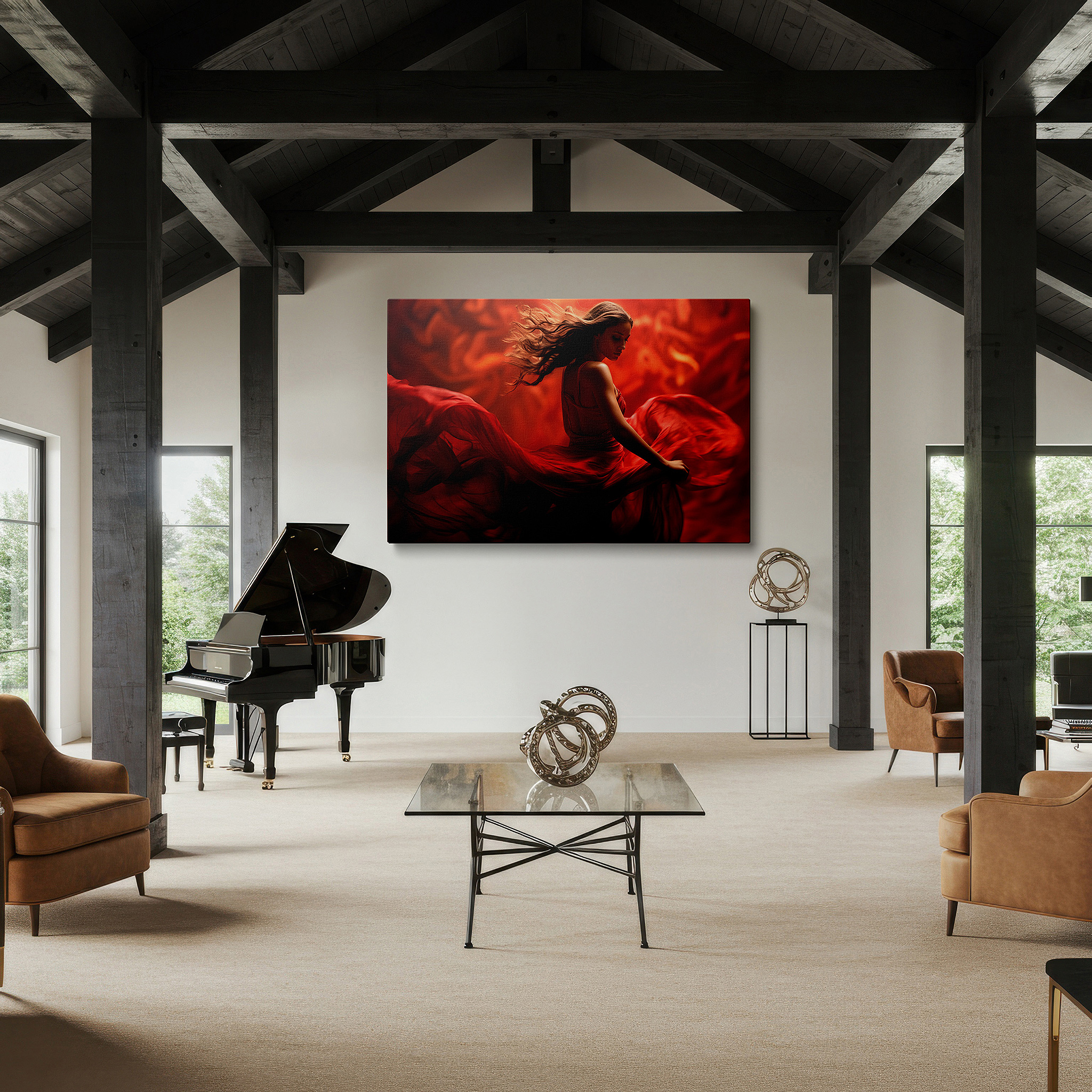 Gently illuminated by ambient lighting in an entryway — passionate dance in flowing red dress wall art, large canvas decor for office, bedroom, and living room