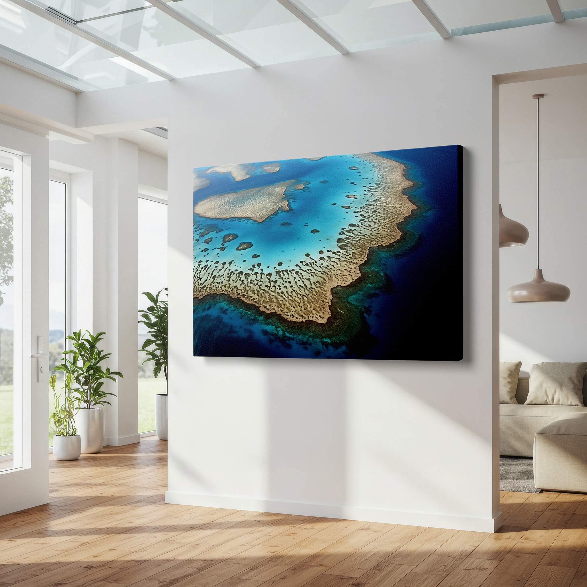 Gently illuminated by ambient lighting in an entryway — radiant aerial view of a coral atoll, showcasing the delicate marine ecosystem - large wall art, canvas wall art, wall decor for office
