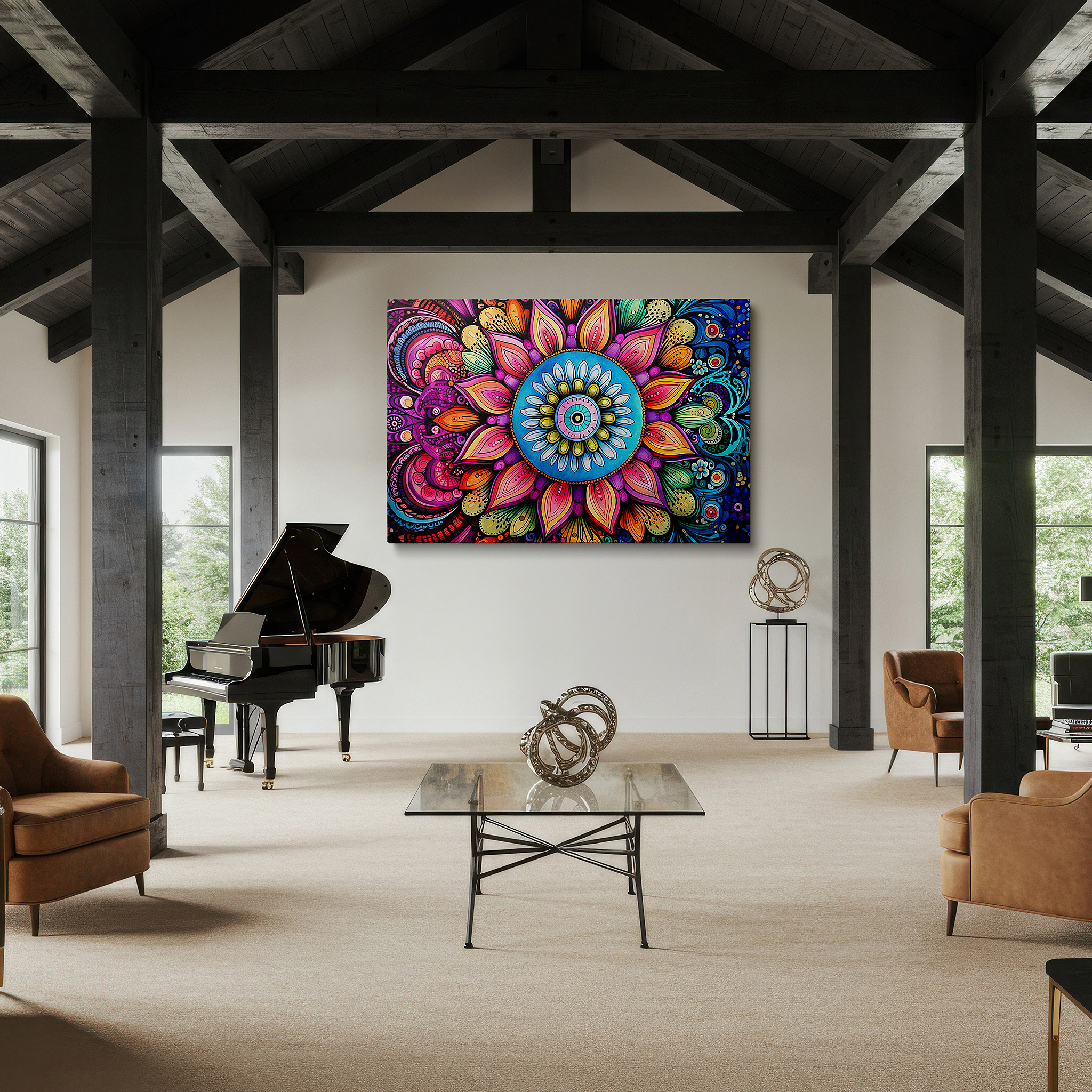 Gently illuminated by ambient lighting in an entryway — radiant mandala wall art symbolizing universal peace and serenity - ideal for office, living room, or bedroom decor