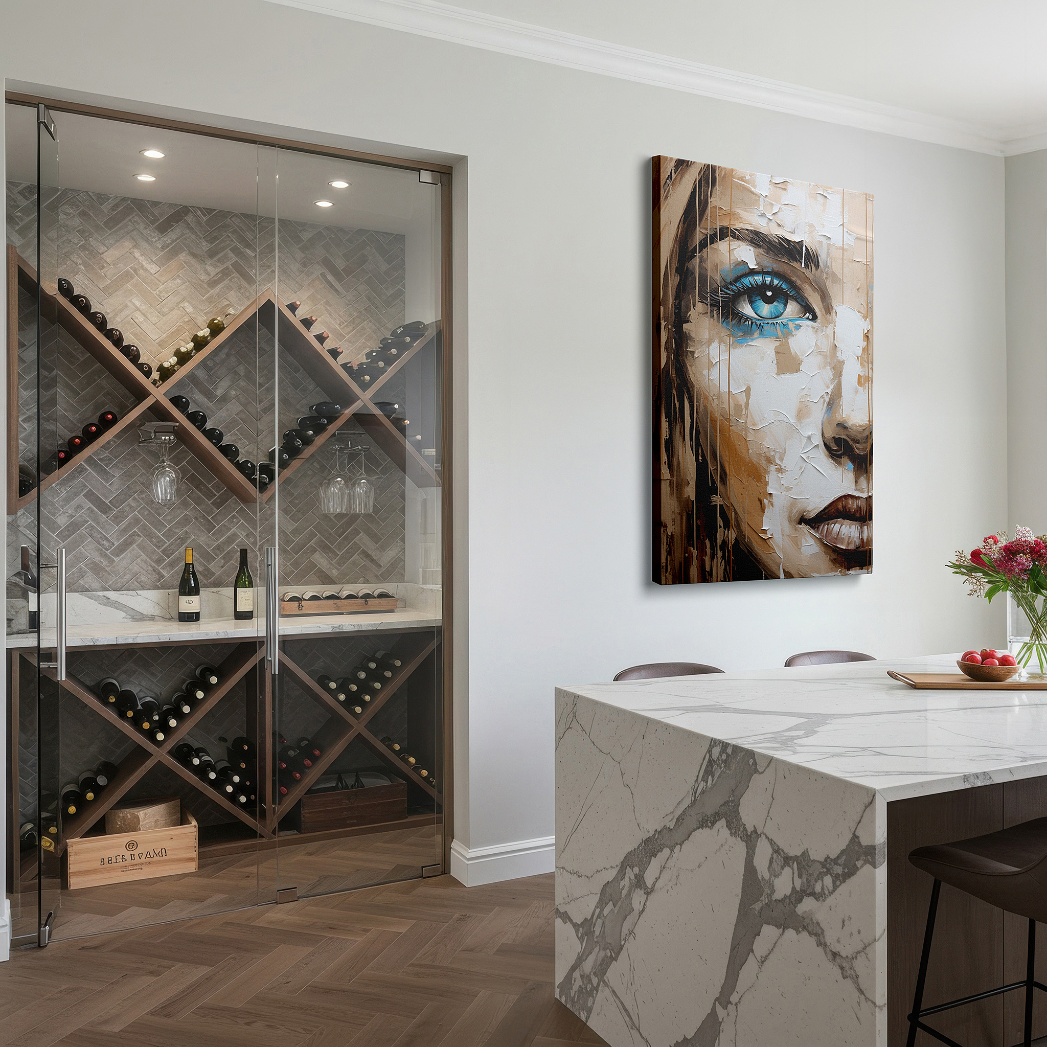 Gently illuminated by ambient lighting in an entryway — resilient intimacy: masterfully expressing human emotion and beauty - large wall art, canvas wall art, wall decor for office