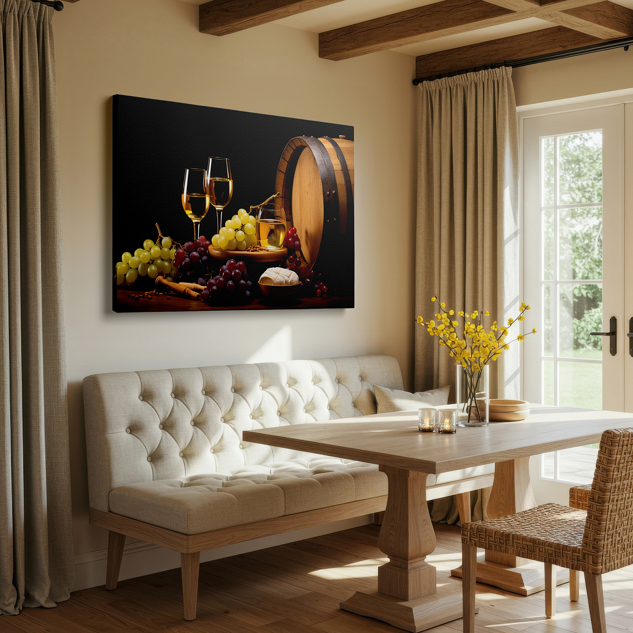 Gently illuminated by ambient lighting in an entryway — rustic elegance wall art featuring wine, grapes, and cheese on an old barrel - large canvas for home or office decor, perfect for living room or bedroom