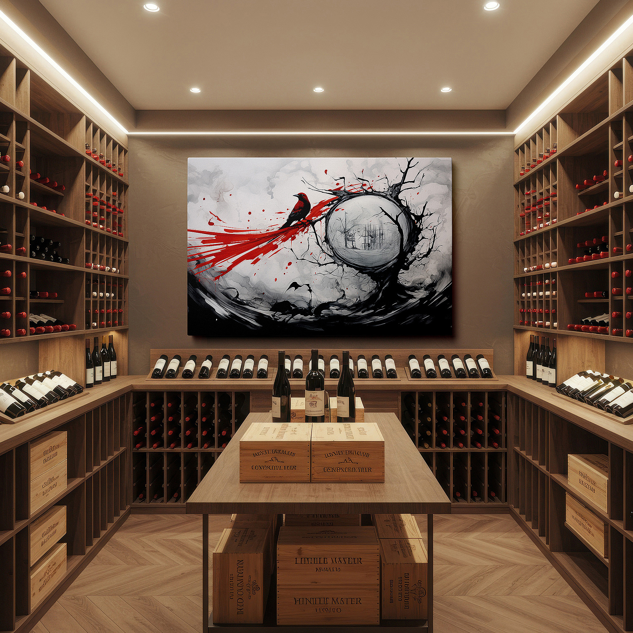 Gently illuminated by ambient lighting in an entryway — the scarlet bird on a twisted black tree: a symbol of resilience and beauty amid surreal swirling clouds, large canvas wall art