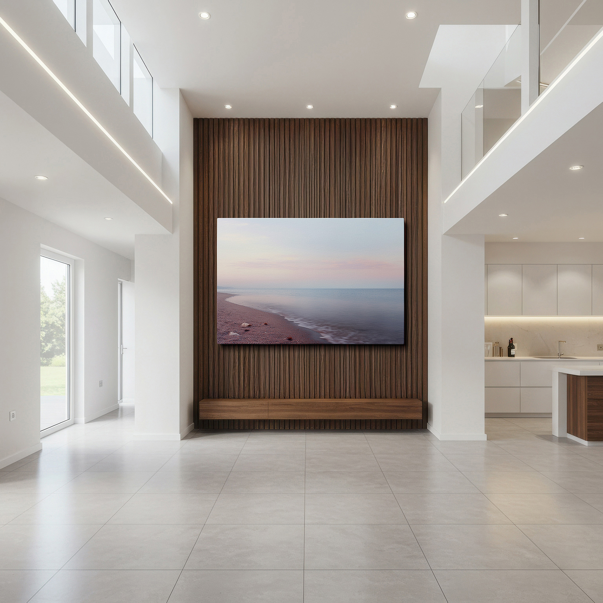 Gently illuminated by ambient lighting in an entryway — seaside tranquility: dawn with gentle waves and soft pastel sky - large canvas wall art for office, bedroom, and living room decor
