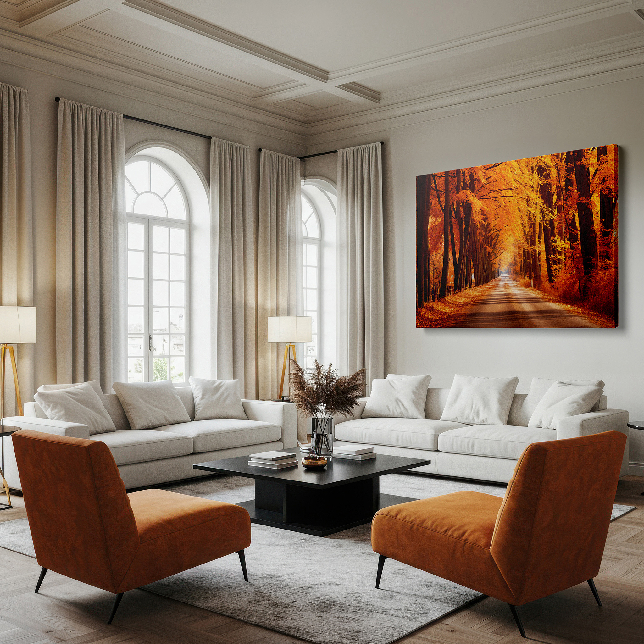 Gently illuminated by ambient lighting in an entryway — serene avenue beneath a lively orange canopy: a journey through autumn splendor - large canvas wall art for office and bedroom decor
