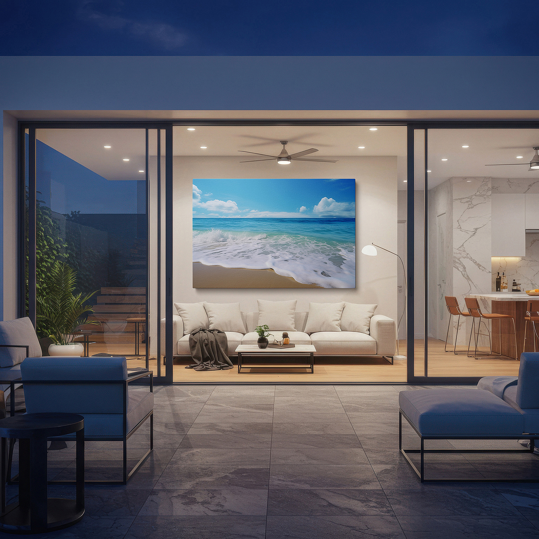 Gently illuminated by ambient lighting in an entryway — serene beachscape canvas wall art featuring crystal-clear waters and azure sky for office, bedroom, and living room decor