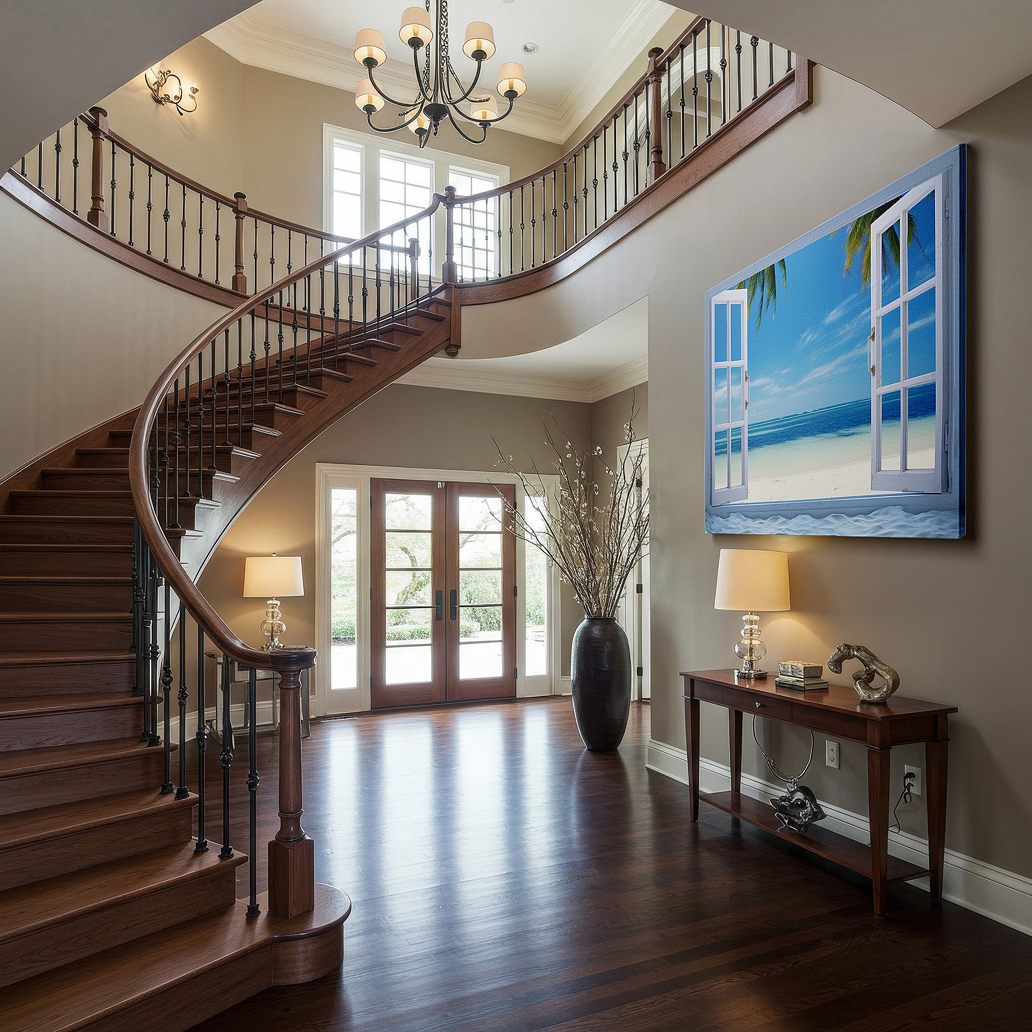 Gently illuminated by ambient lighting in an entryway — serene coastal getaway via open white windows large wall art, canvas wall art, wall decor, office wall art, bedroom wall art, living room wall art