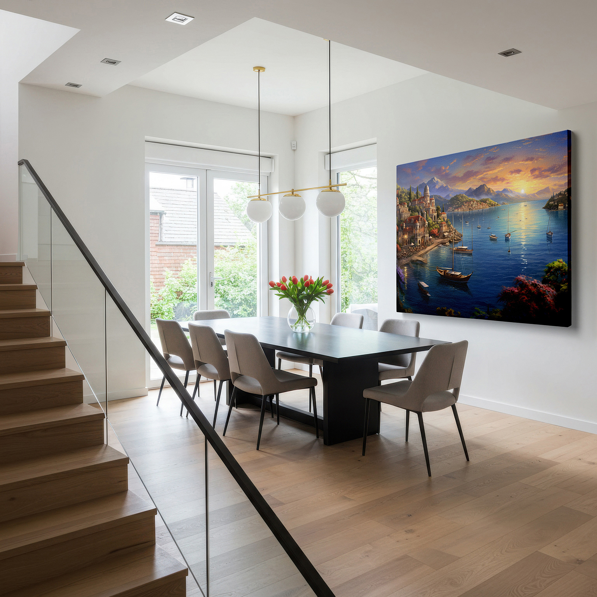 Gently illuminated by ambient lighting in an entryway — serene coastal village at sunset: quaint buildings bathed in golden glow - large wall art, canvas wall art, wall decor for office