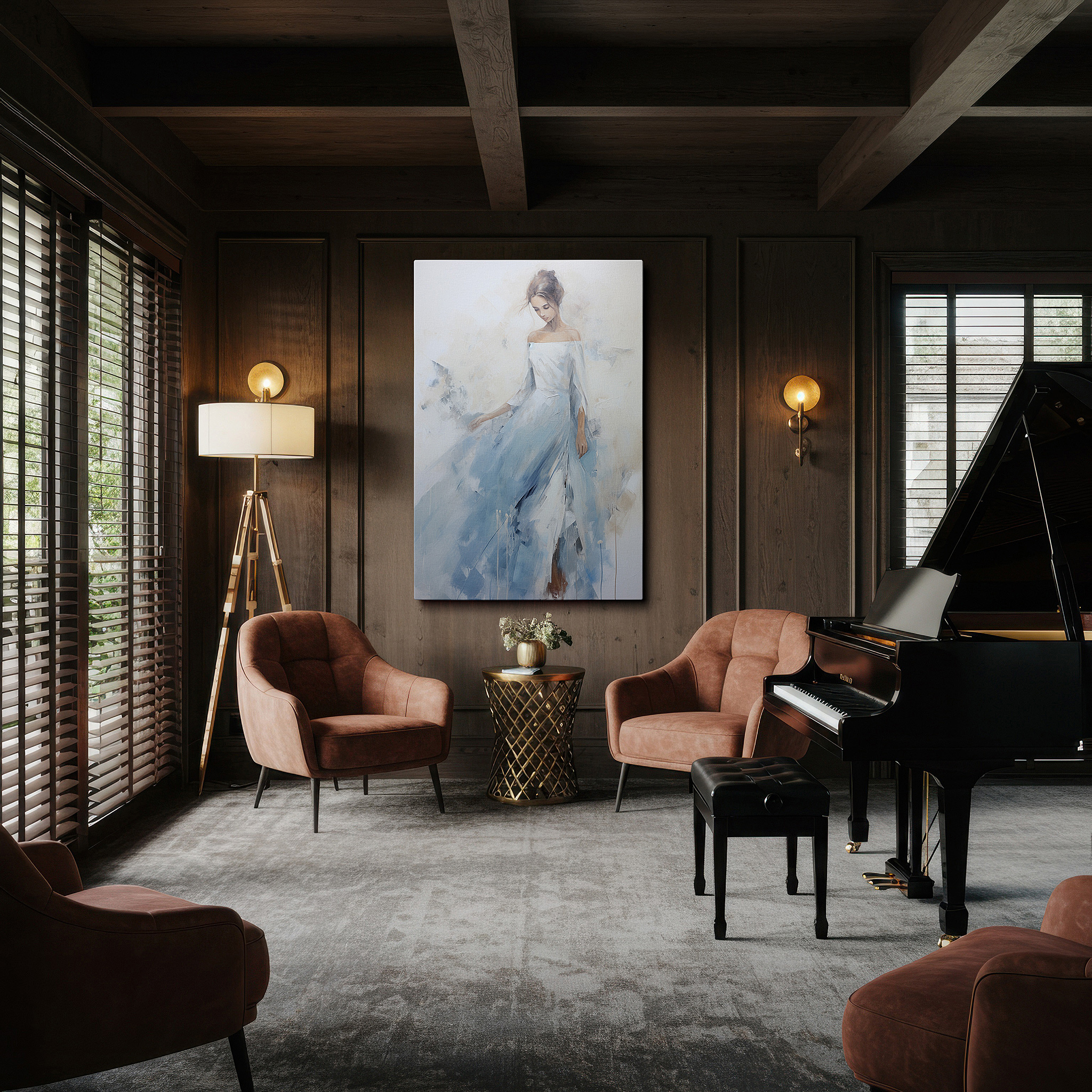 Gently illuminated by ambient lighting in an entryway — serene ethereal woman in flowing gown large canvas wall art for office and bedroom decor