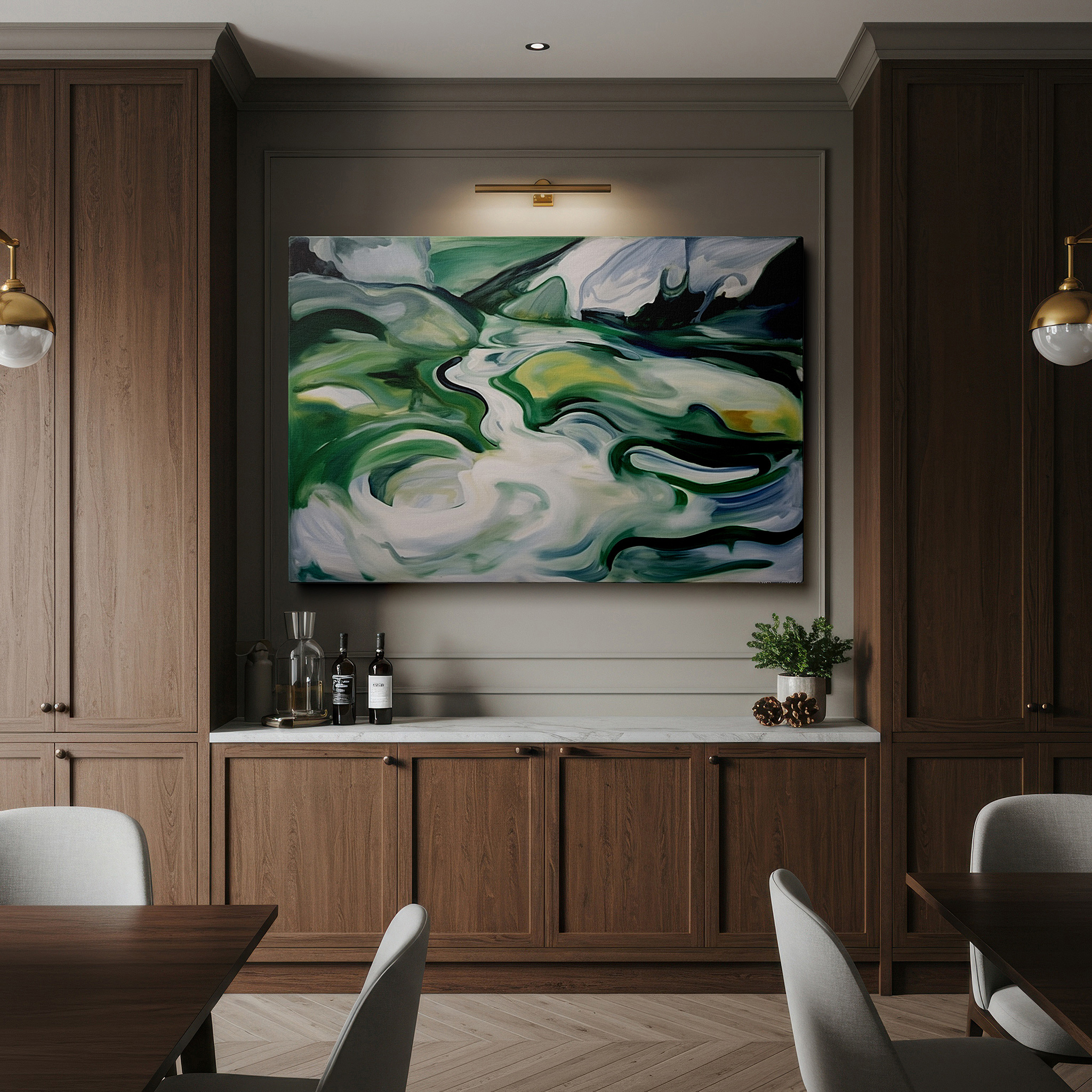 Gently illuminated by ambient lighting in an entryway — serene green landscape and meandering river abstract large wall art, canvas wall art, wall decor for office, bedroom, and living room