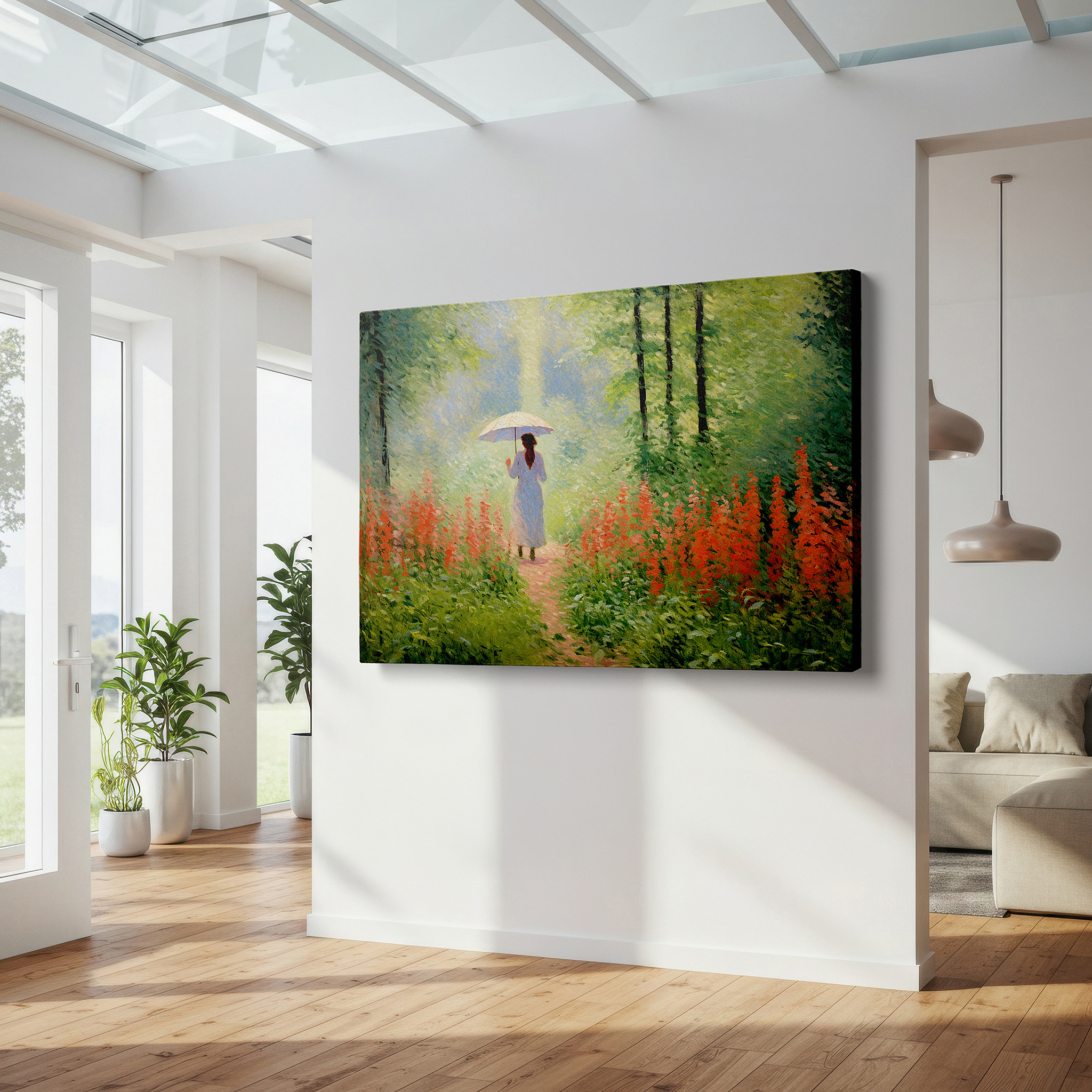 Gently illuminated by ambient lighting in an entryway — serene impressionist artwork featuring a lone woman on a floral path - large canvas wall art for home and office decor