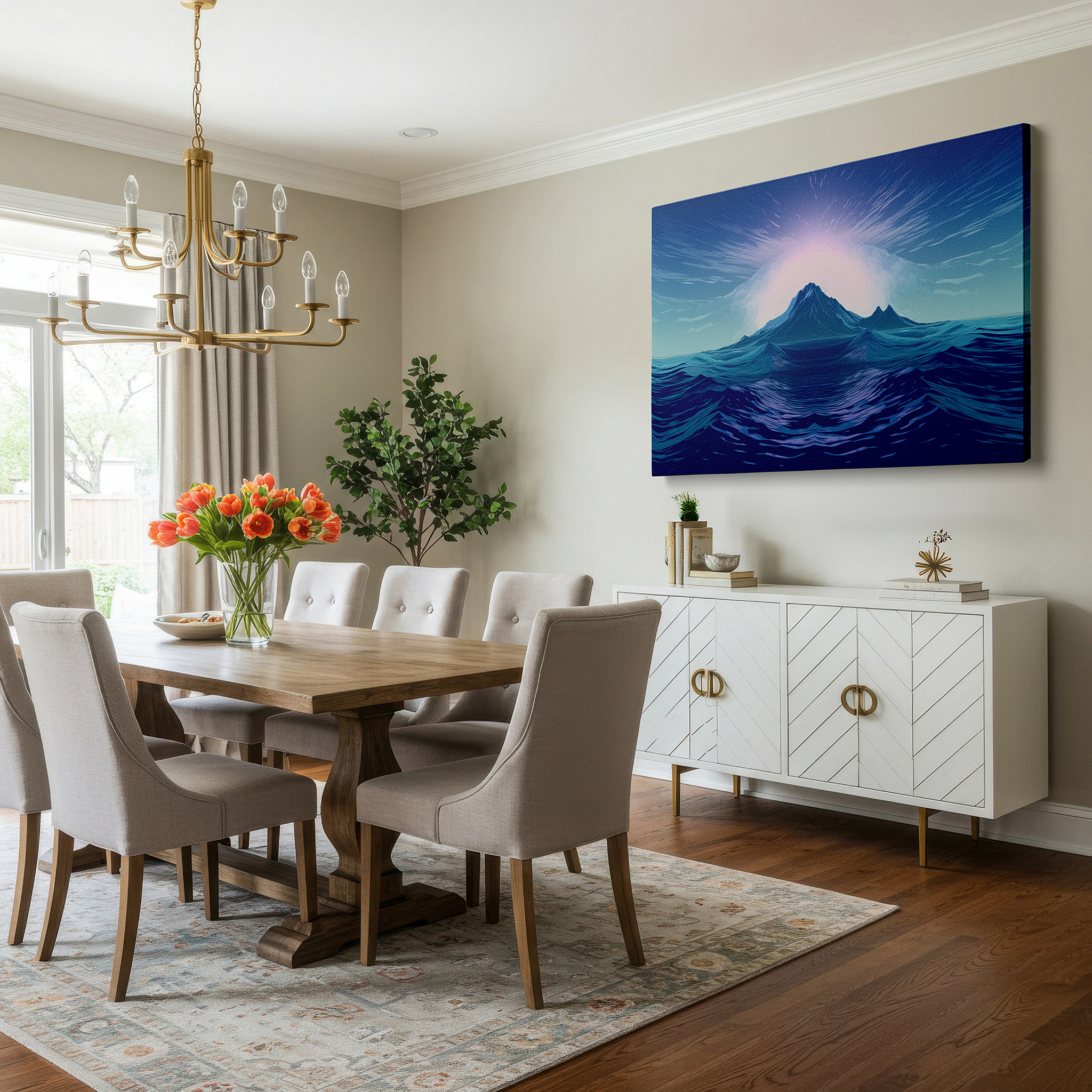 Gently illuminated by ambient lighting in an entryway — serene island dawn surrounded by peaceful waters, tranquil nature escape large wall art, canvas wall art, wall decor for office and bedroom