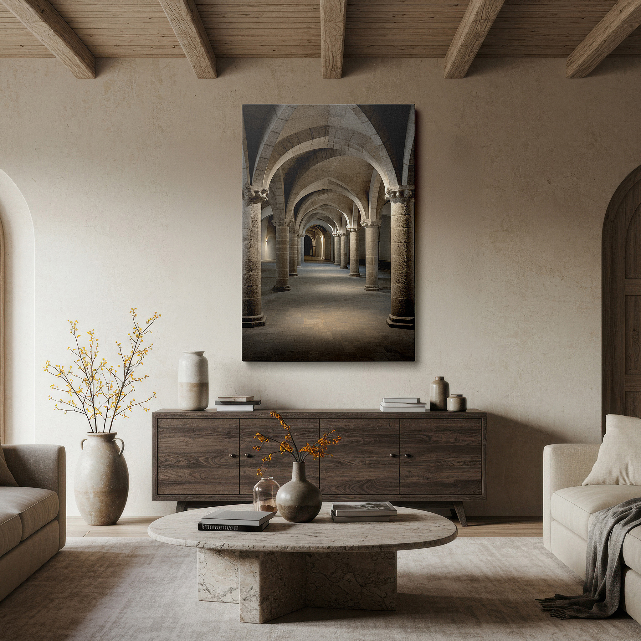 Gently illuminated by ambient lighting in an entryway — serene journey through majestic stone arches: a sanctuary of light and shadow - large canvas wall art for office and bedroom decor
