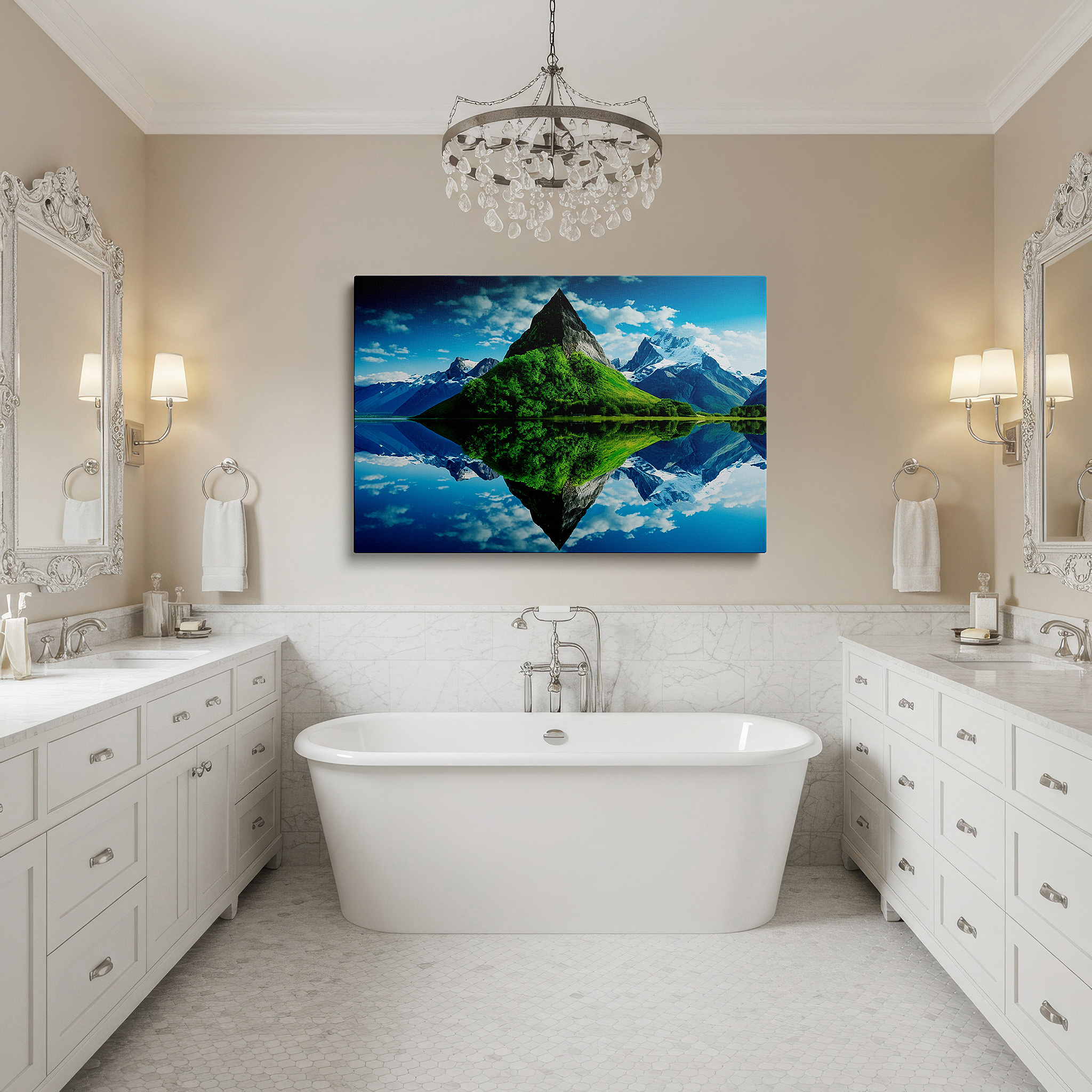 Gently illuminated by ambient lighting in an entryway — serene lake and mountain reflections large wall art - canvas decor for office and bedroom
