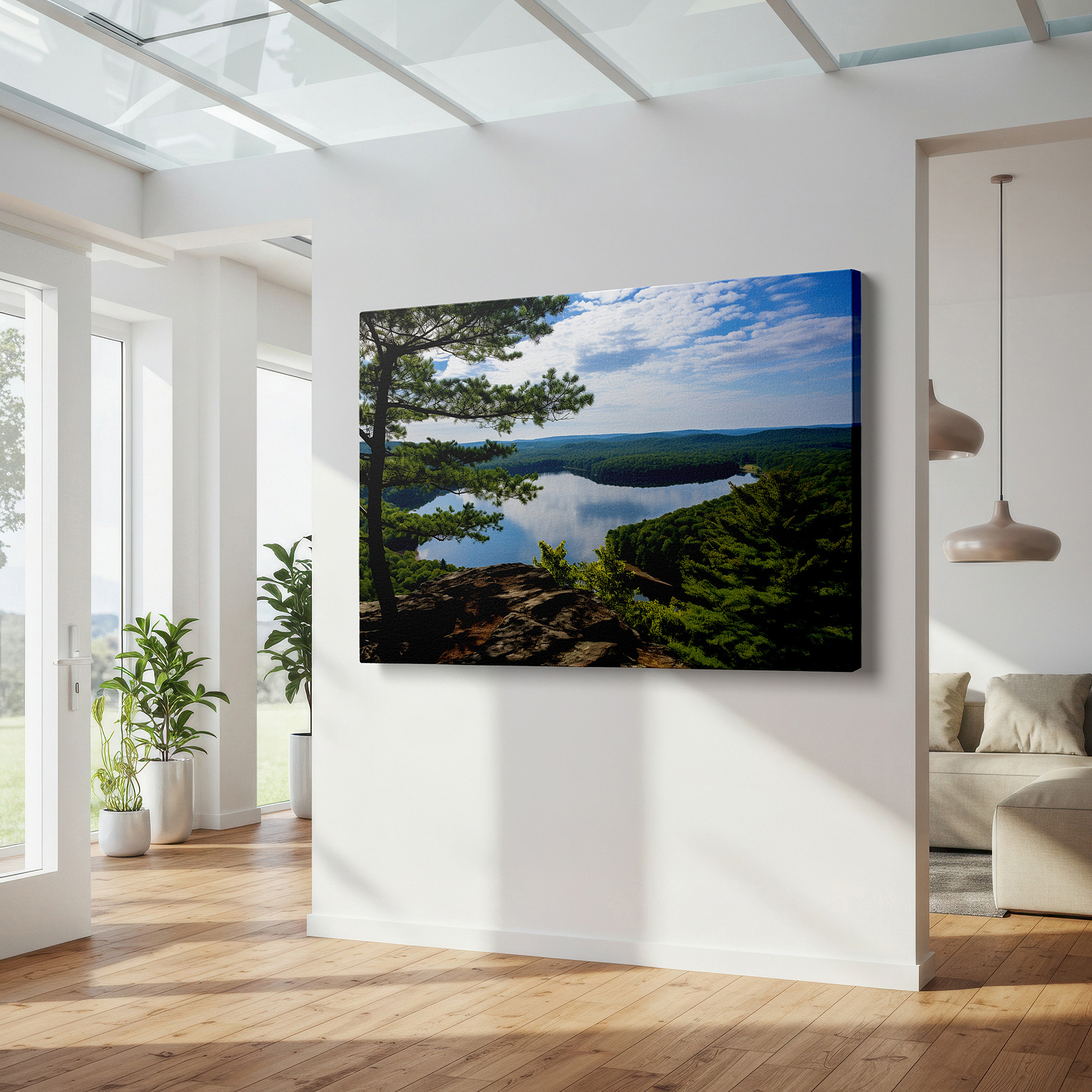 Gently illuminated by ambient lighting in an entryway — serene lake and verdant forest reflections under a clear blue sky - large canvas wall art for office and bedroom decor