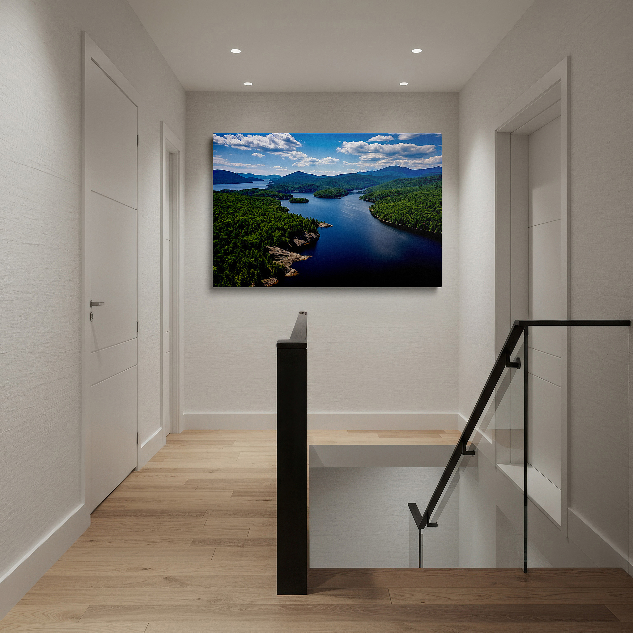 Gently illuminated by ambient lighting in an entryway — serene lake and verdant hills - peaceful aerial nature scene large wall art, canvas wall art, wall decor for office and bedroom
