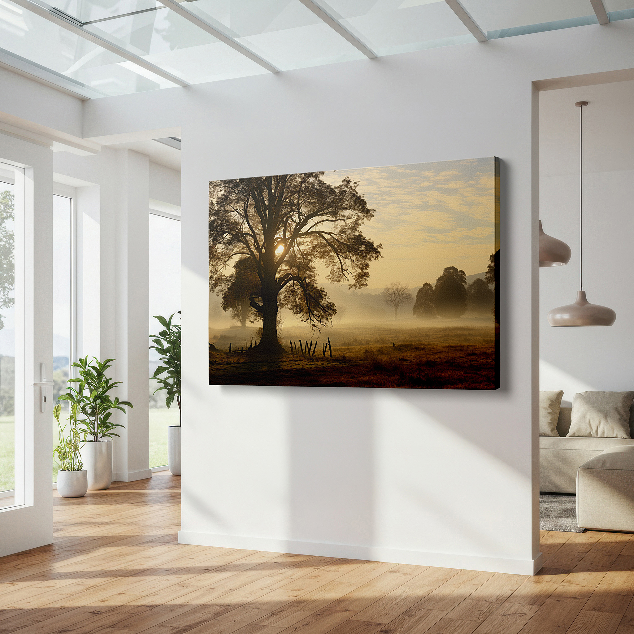 Gently illuminated by ambient lighting in an entryway — serene morning scene with misty tree and soft pastel sky - large canvas wall art for office and bedroom decor