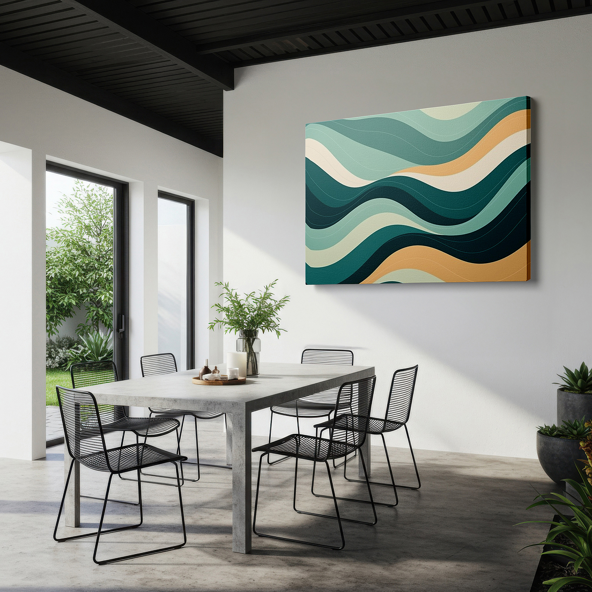 Gently illuminated by ambient lighting in an entryway — serene ocean abstract: flowing lines in tranquil blue tones, large canvas wall art for home and office decor