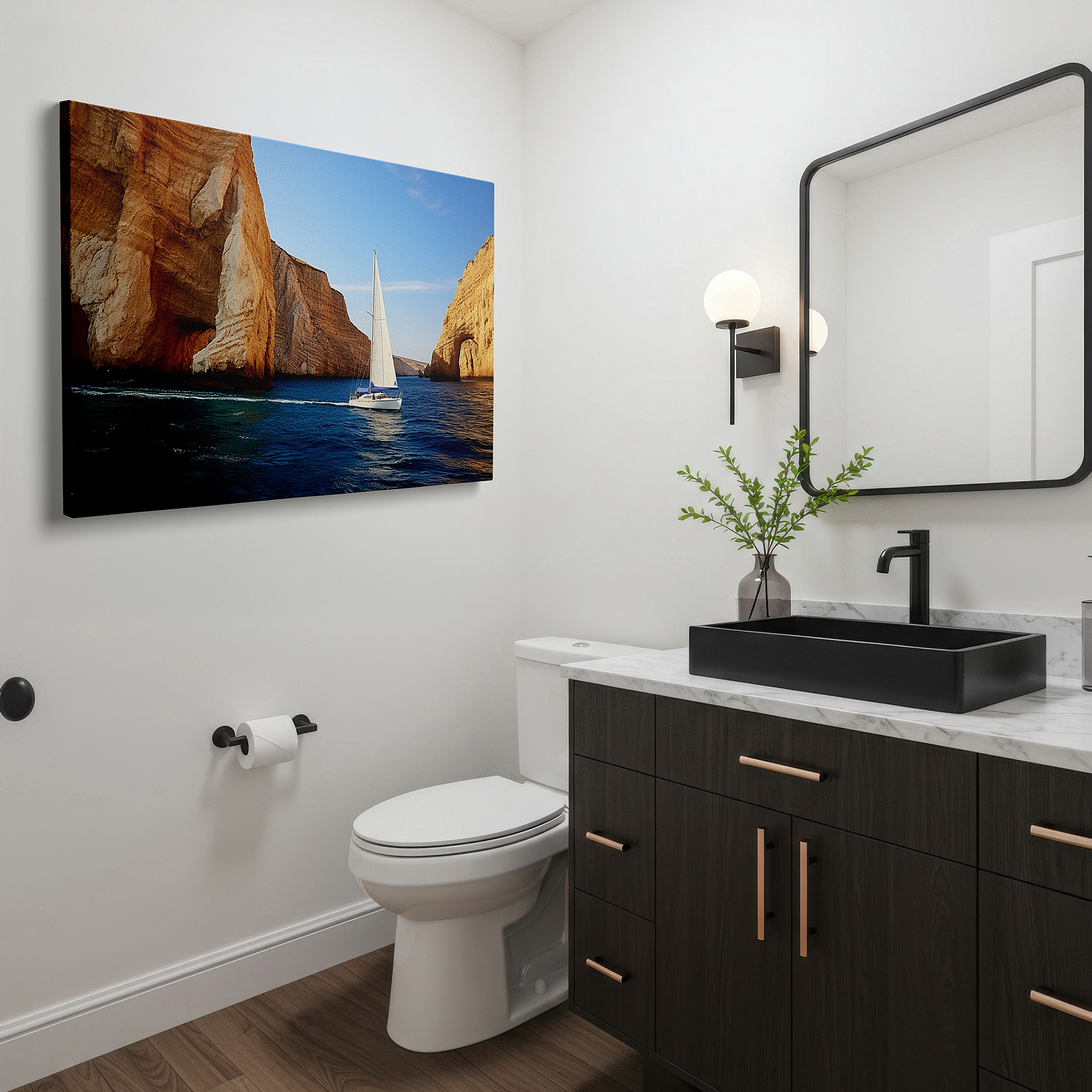 Gently illuminated by ambient lighting in an entryway — serene sailboat journey canvas art: tranquil bay adventure - large wall decor for home and office