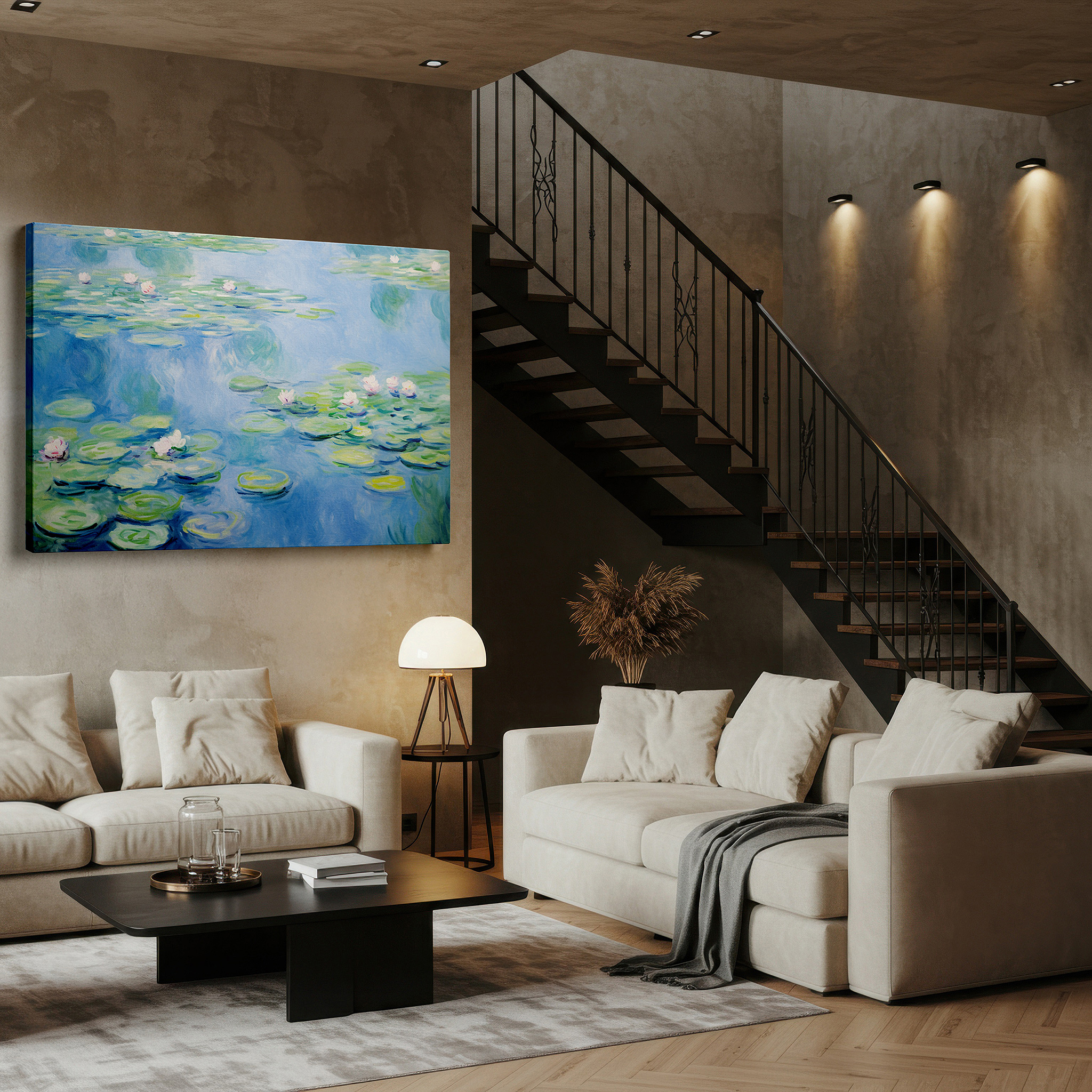 Gently illuminated by ambient lighting in an entryway — serene water lilies on a tranquil pond - a masterful impressionist tribute: large canvas wall art for office and bedroom decor