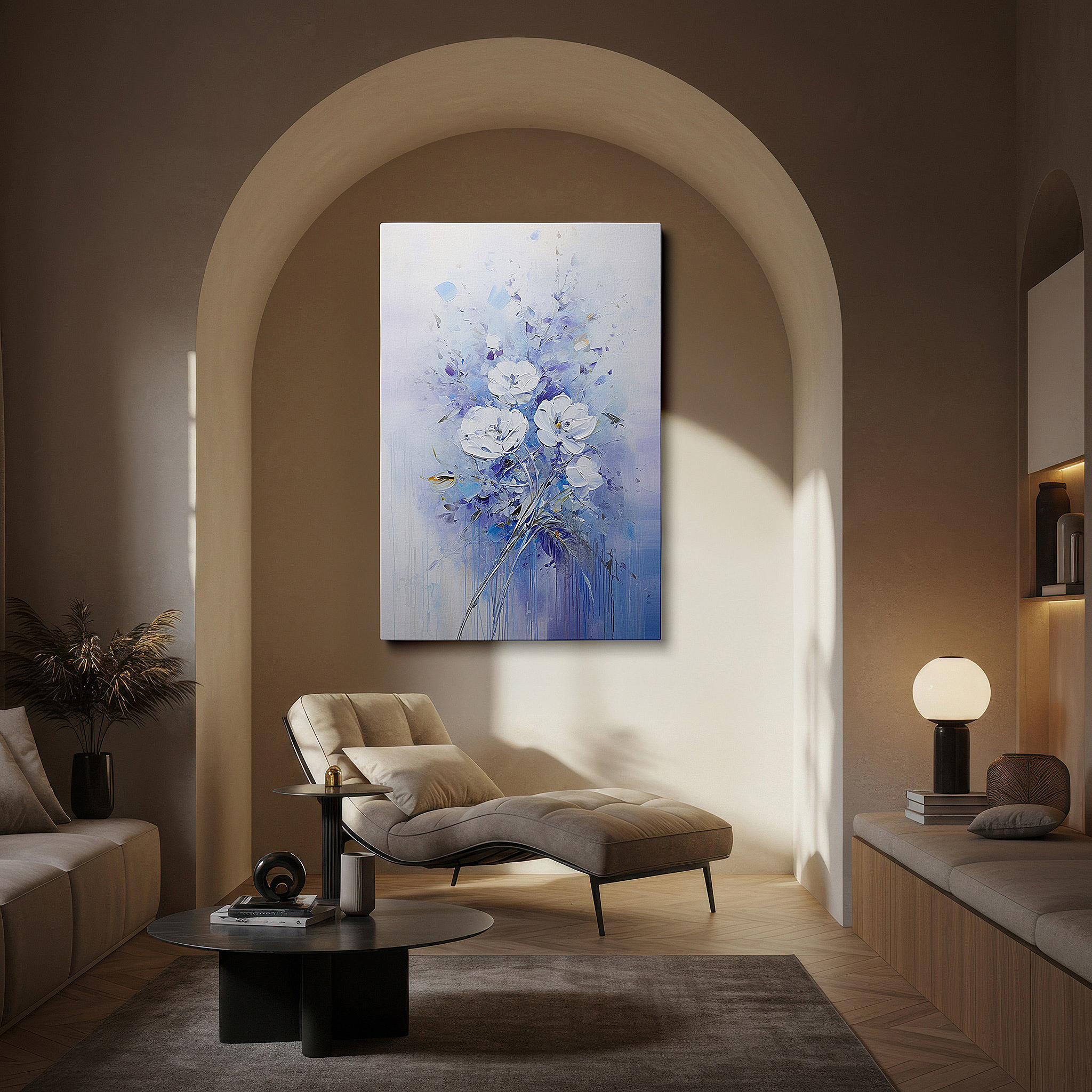 Gently illuminated by ambient lighting in an entryway — serene white flowers on soft purple background - large canvas wall art for office decor
