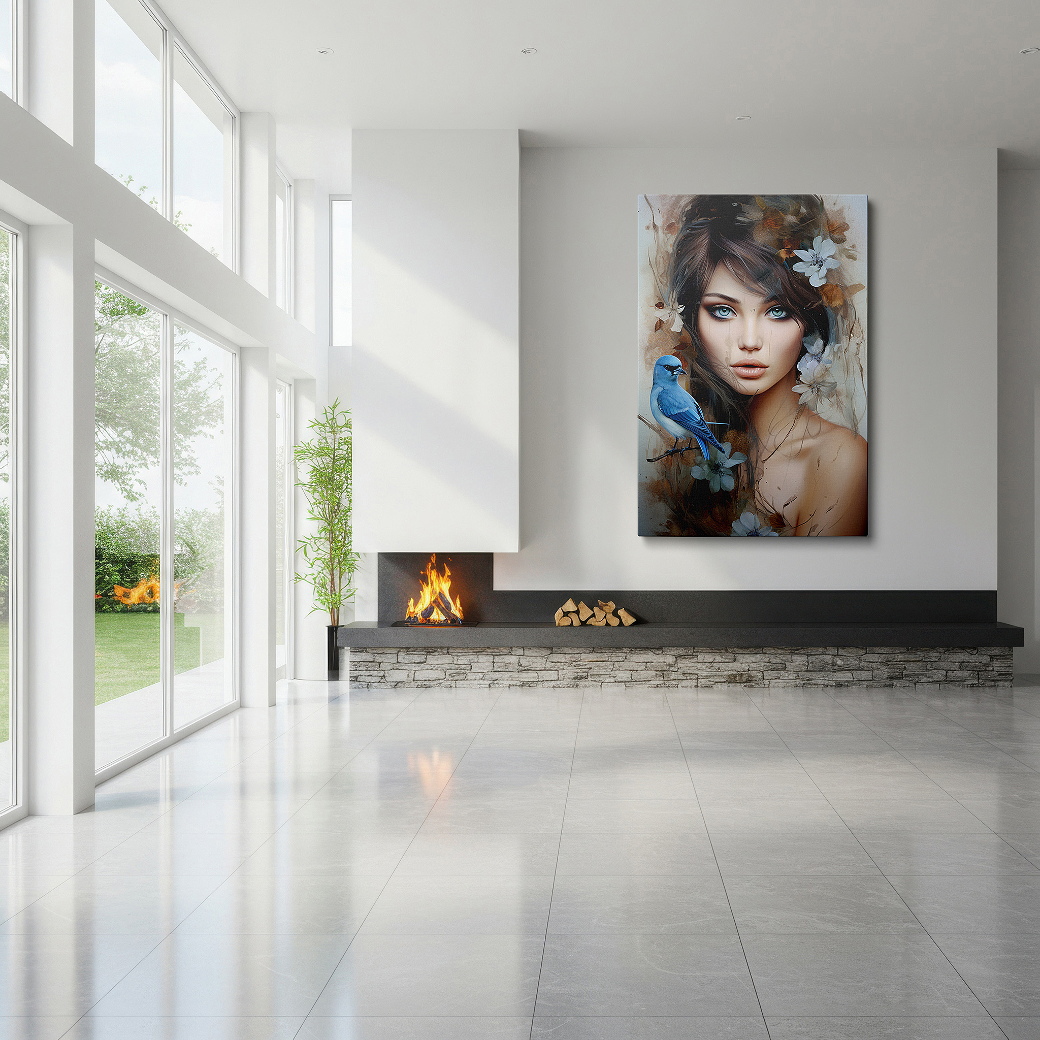 Gently illuminated by ambient lighting in an entryway — serene woman surrounded by lively birds and blossoms - a harmonious blend of nature and humanity, large wall art, canvas wall art, wall decor, office wall art