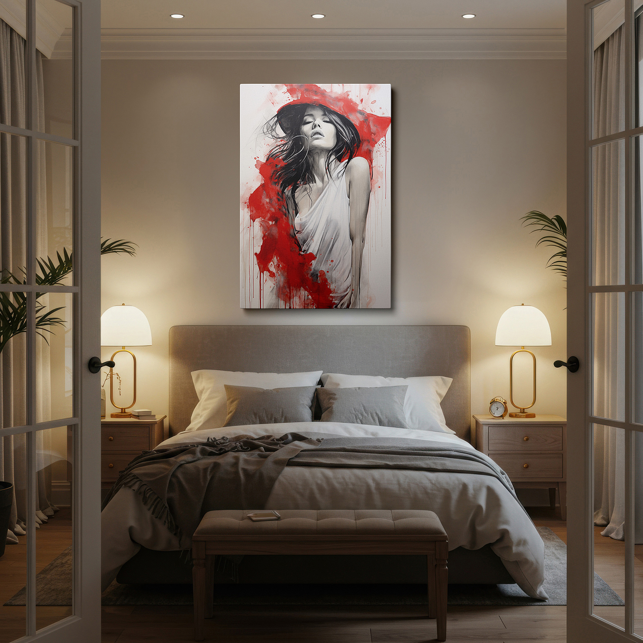 Gently illuminated by ambient lighting in an entryway — serene woman in white against striking red background, a captivating blend of peace and chaos, large wall art, canvas wall art, wall decor for office