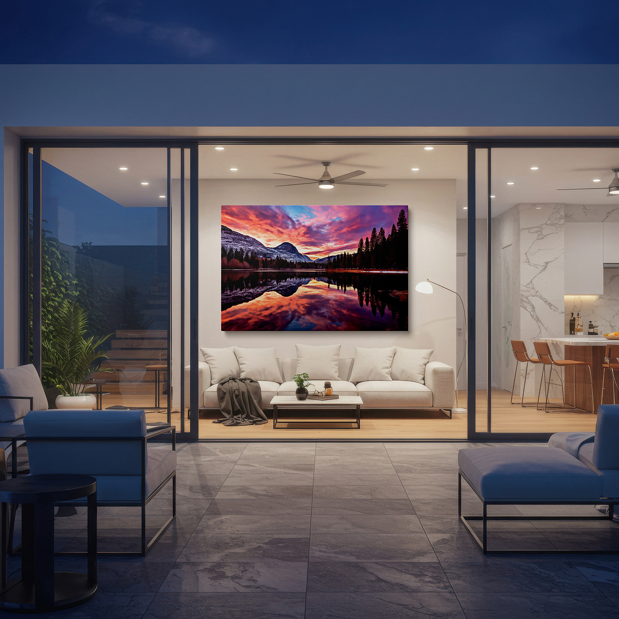 Gently illuminated by ambient lighting in an entryway — snow-capped peaks and reflective lake at dawn large canvas wall art for office, bedroom, and living room decor