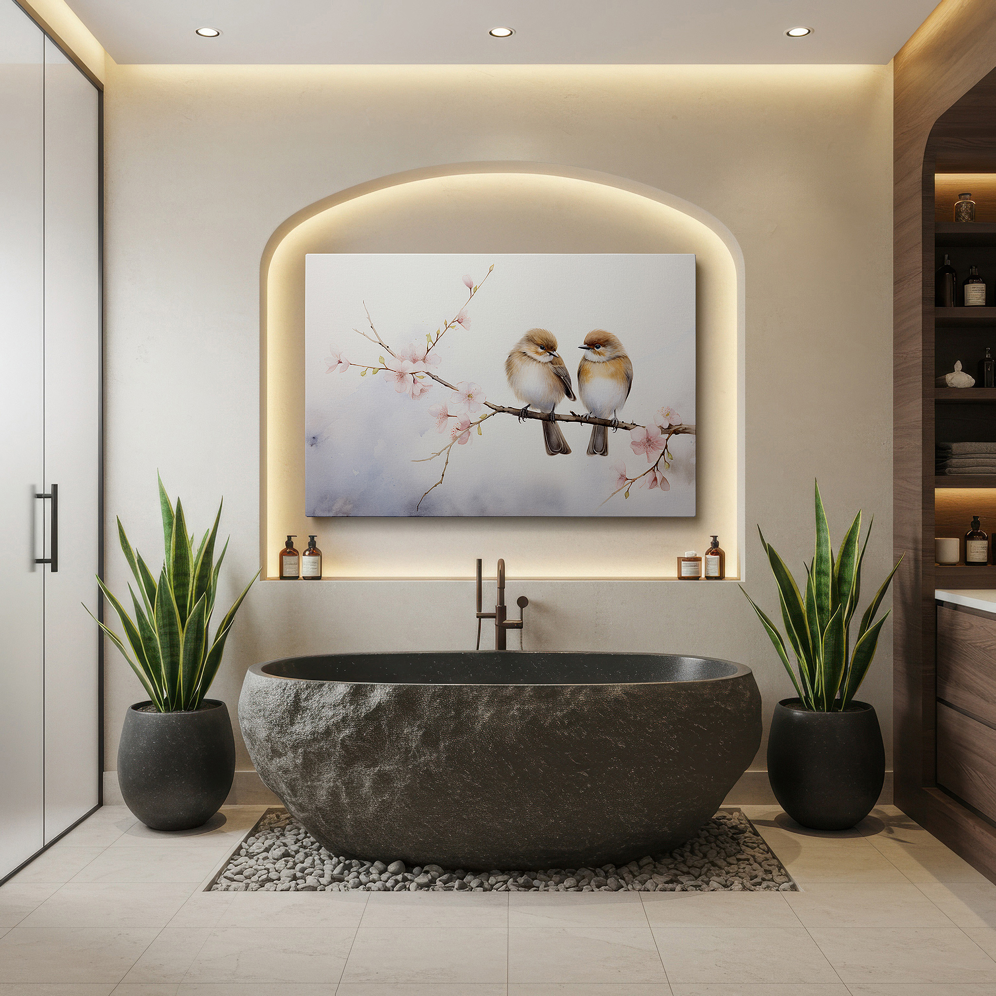 Gently illuminated by ambient lighting in an entryway — soft pastel birds nestled in blossoming branch, representing love and unity large canvas wall art, office wall decor
