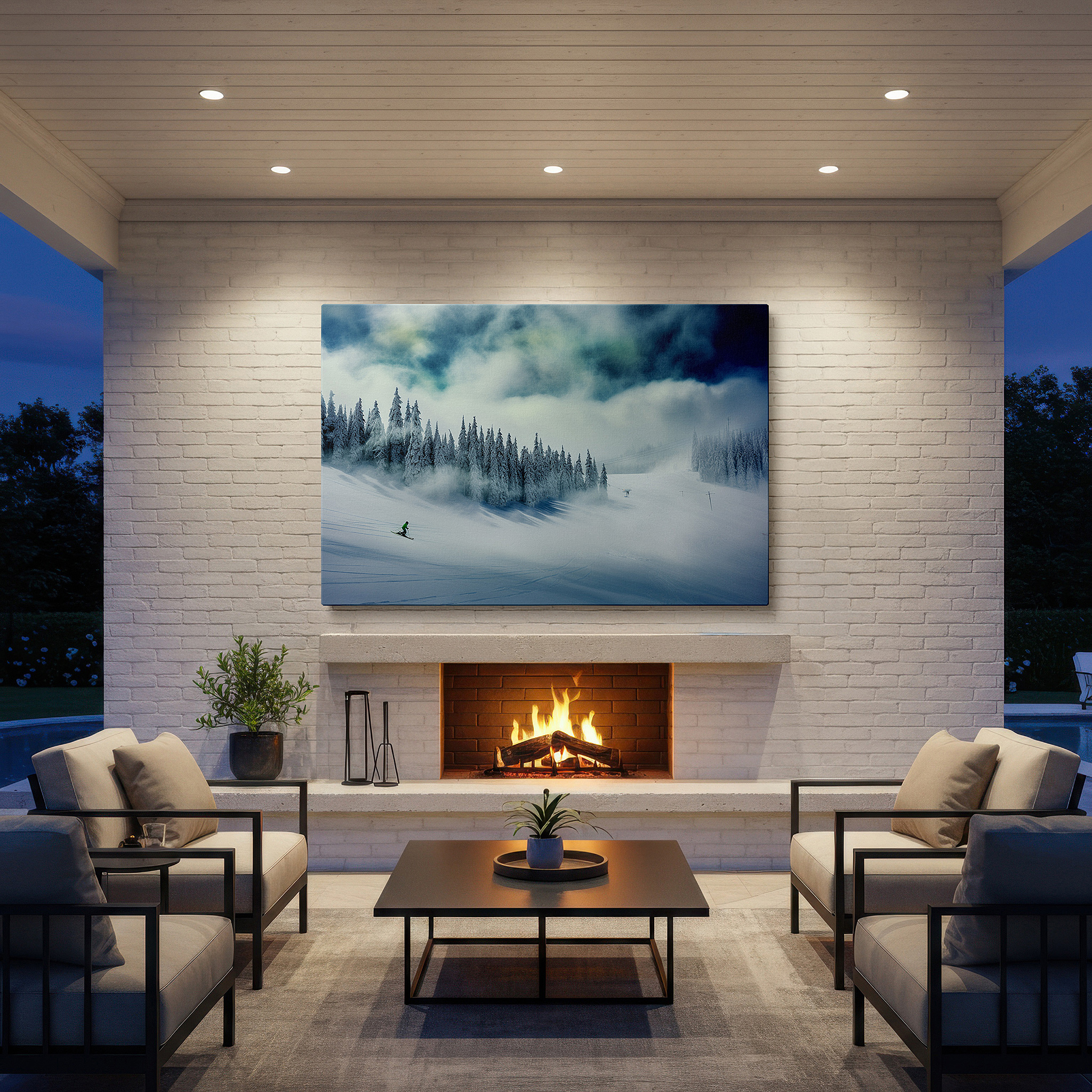 Gently illuminated by ambient lighting in an entryway — solo skier wall art: graceful glide through snowy serenity - large canvas for office, bedroom, or living room decor