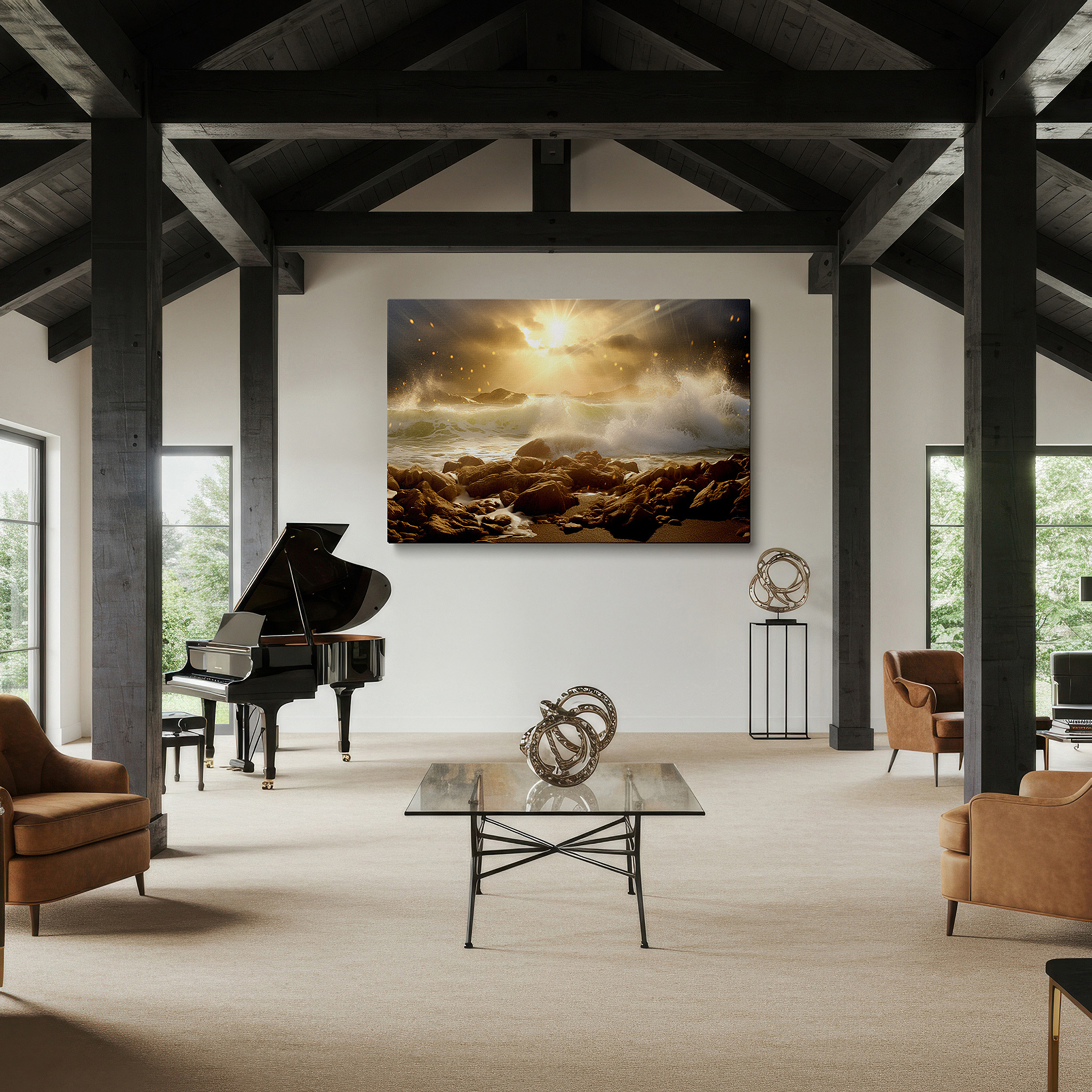 Gently illuminated by ambient lighting in an entryway — sunrise over waves on a rocky shoreline: a majestic display of nature's beauty and power - large canvas wall art for home and office decor