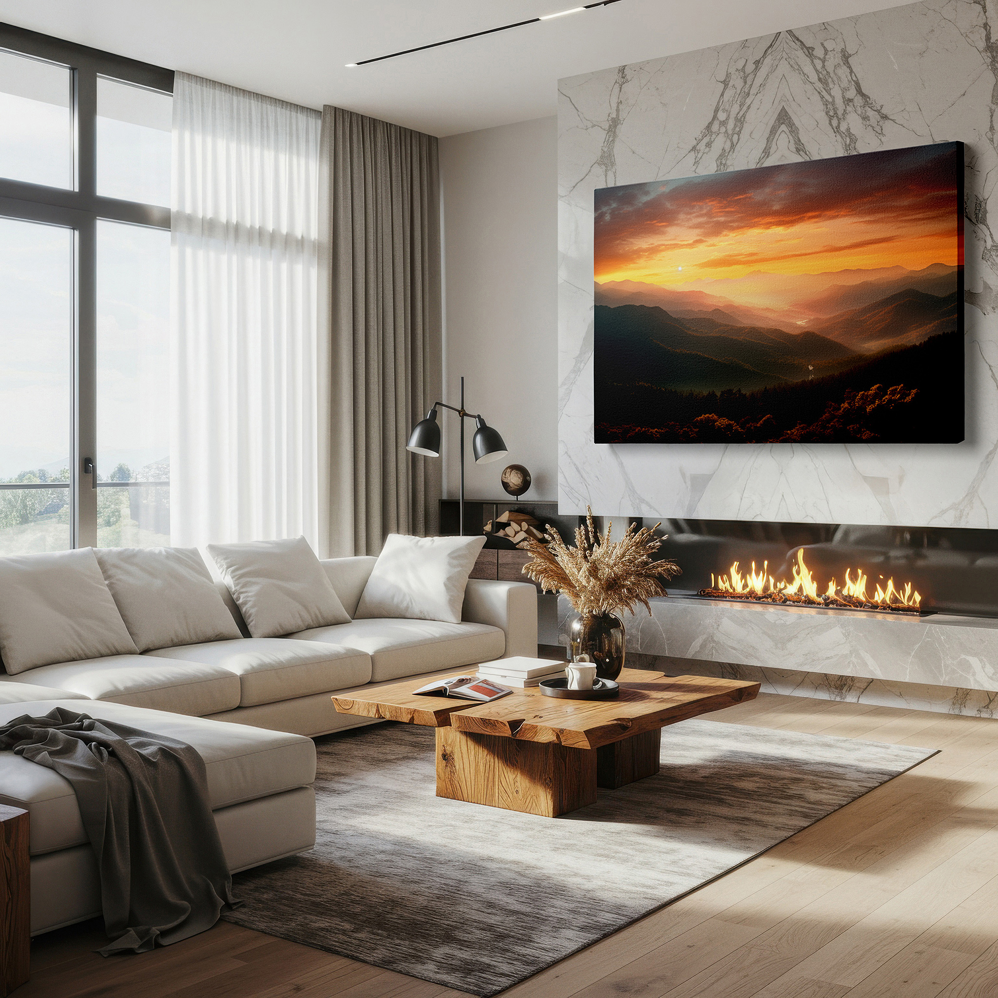 Gently illuminated by ambient lighting in an entryway — sunset glow over majestic mountains - panoramic nature splendor large wall art, canvas wall art, wall decor for office