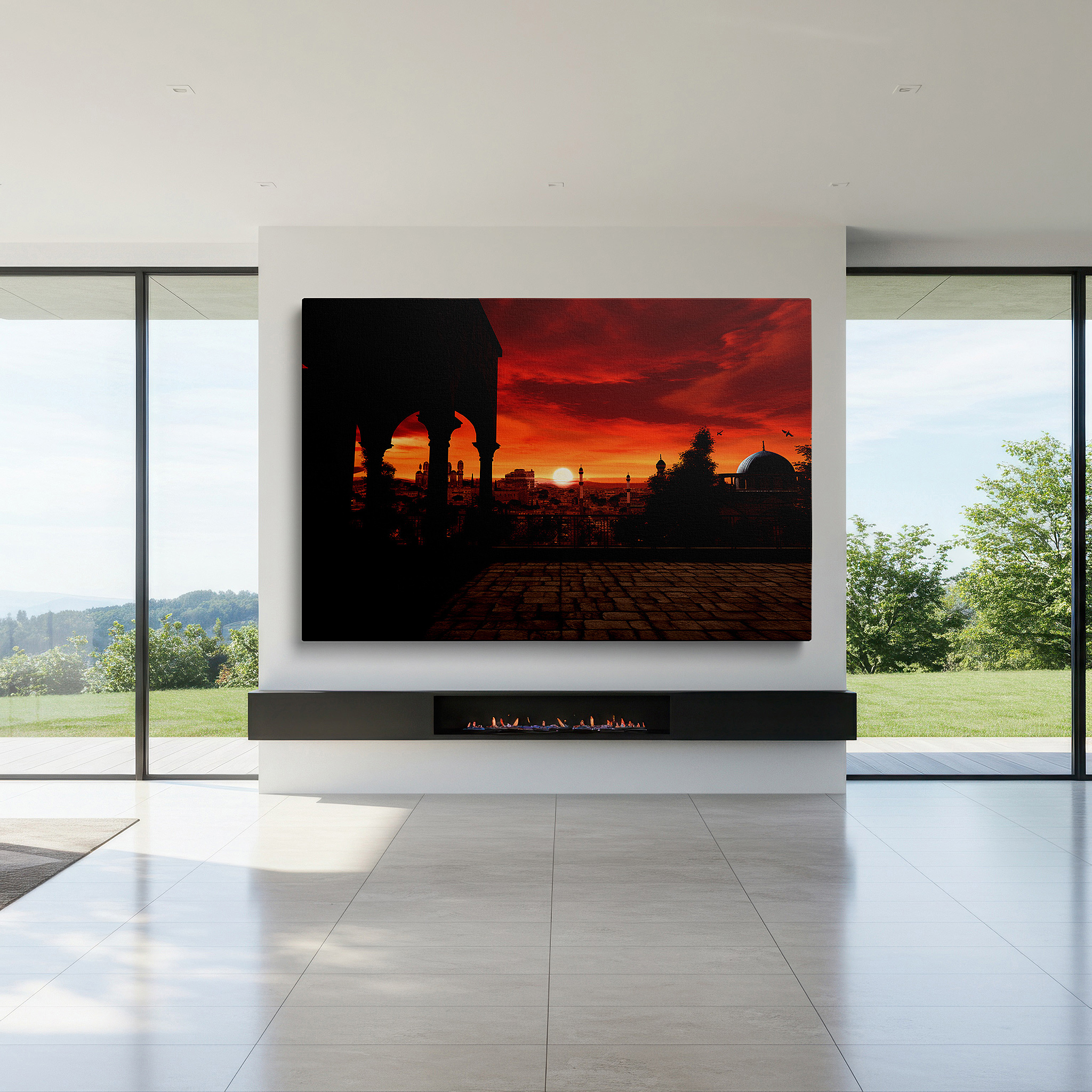 Gently illuminated by ambient lighting in an entryway — sunset over historic cityscape wall art featuring iconic domes and minarets - large canvas for office, bedroom, and living room decor