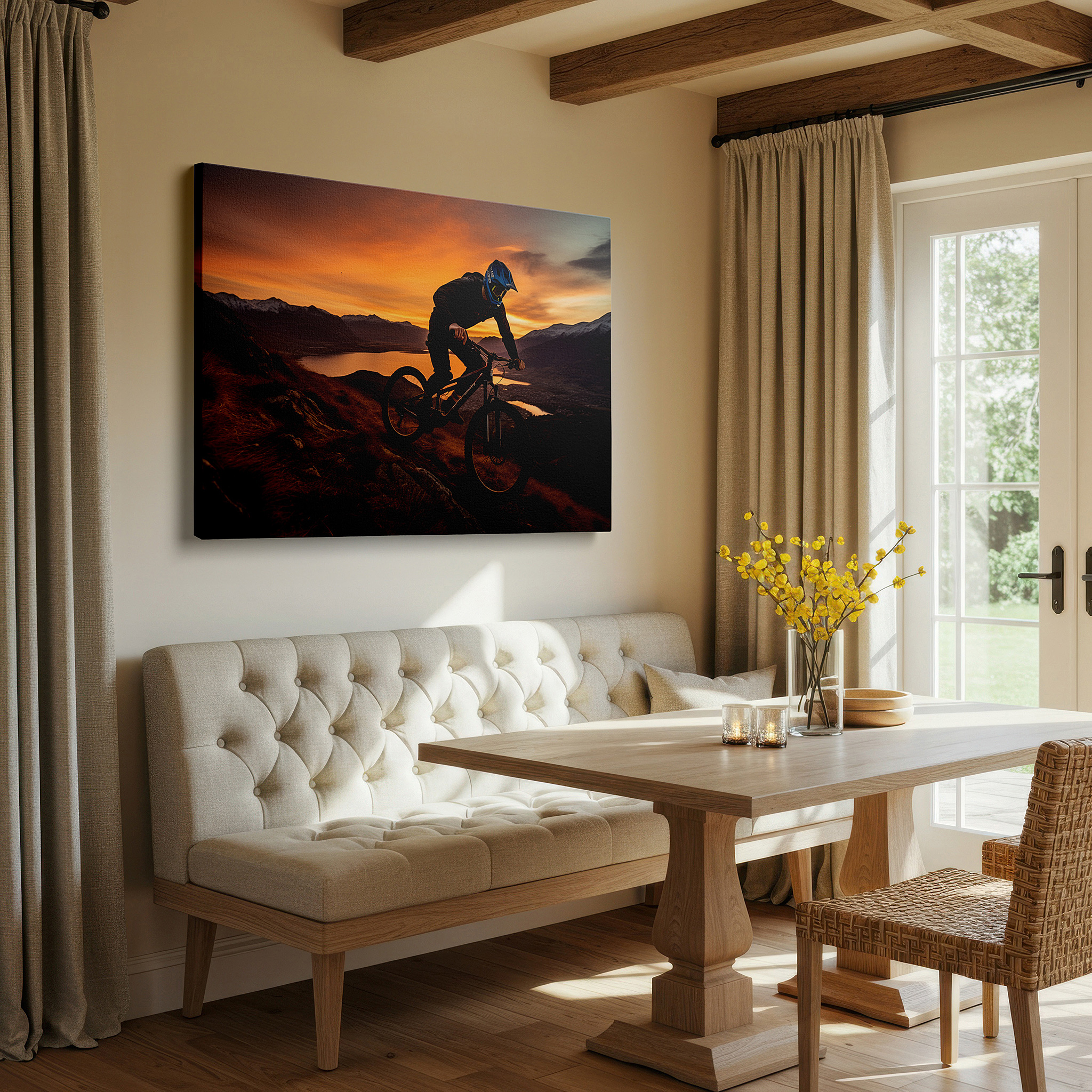 Gently illuminated by ambient lighting in an entryway — sunset mountain biking on rugged terrain - large canvas wall art for office, bedroom, and living room decor