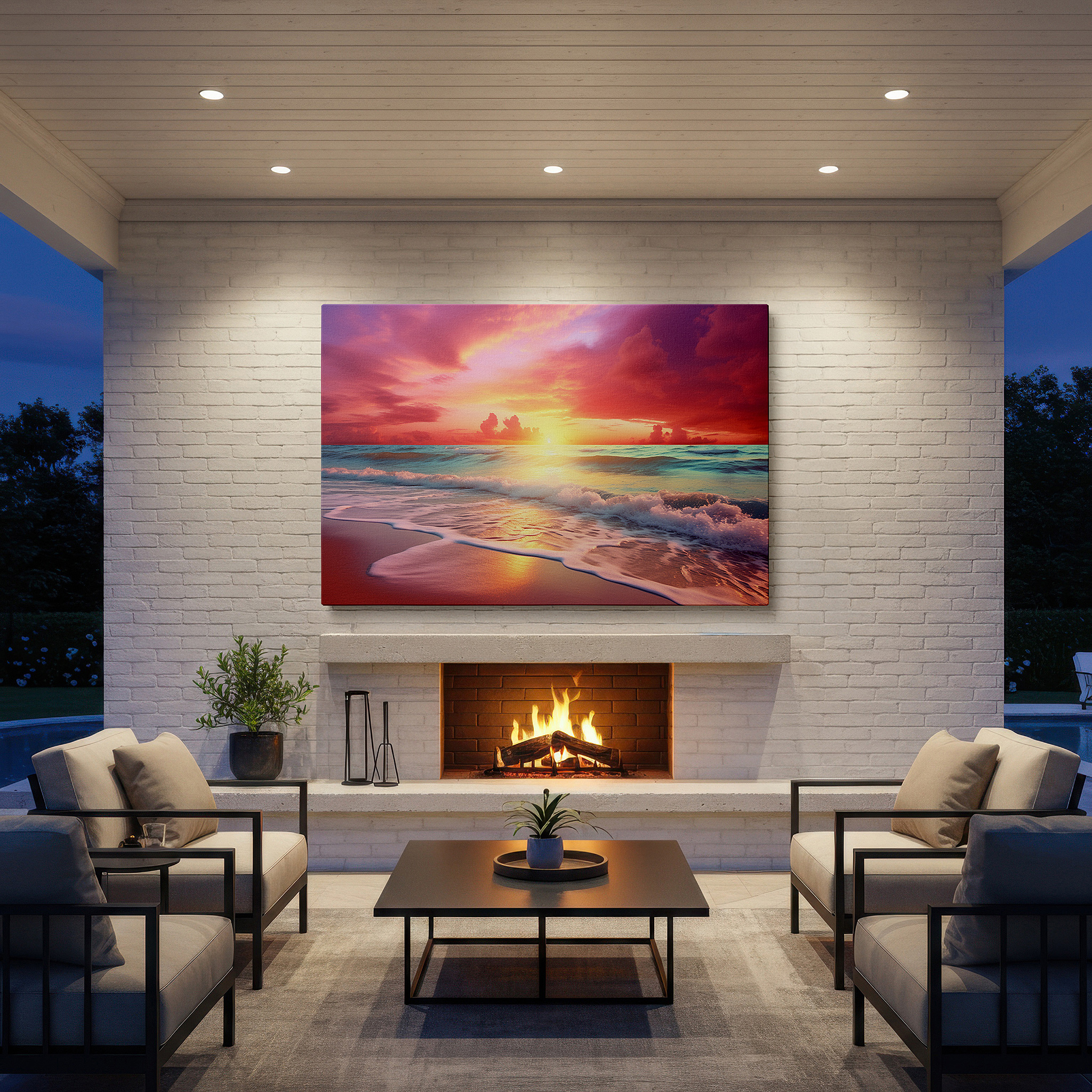 Gently illuminated by ambient lighting in an entryway — sunset over the ocean wall art: large canvas for home and office decor, ideal for living rooms and bedrooms