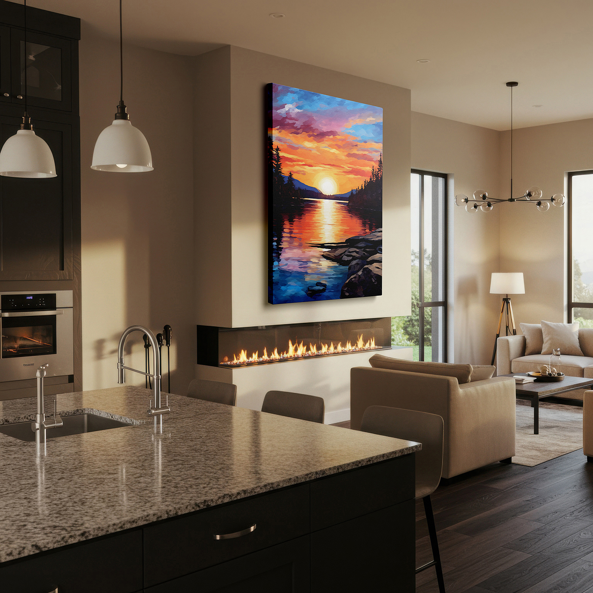 Gently illuminated by ambient lighting in an entryway — sunset serenity over a tranquil river: a vivid display of nature's palette - large canvas wall art for office and bedroom decor