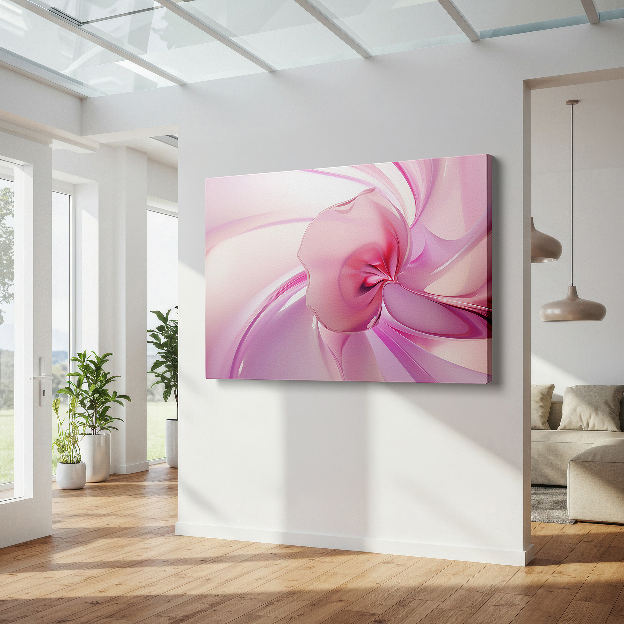 Gently illuminated by ambient lighting in an entryway — swirling pink petals in constant motion: a modern masterpiece of change and fleeting beauty - large wall art, canvas wall art, wall decor