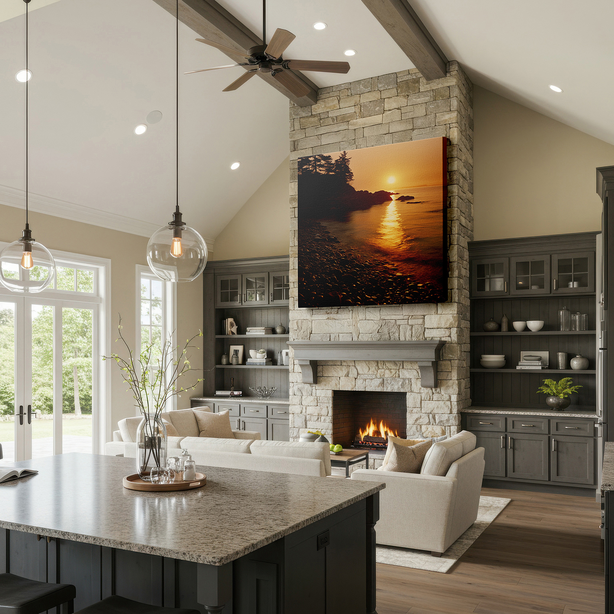 Gently illuminated by ambient lighting in an entryway — twilight's last gleam over tranquil waters and rugged shores: large canvas wall art for office, bedroom, and living room decor