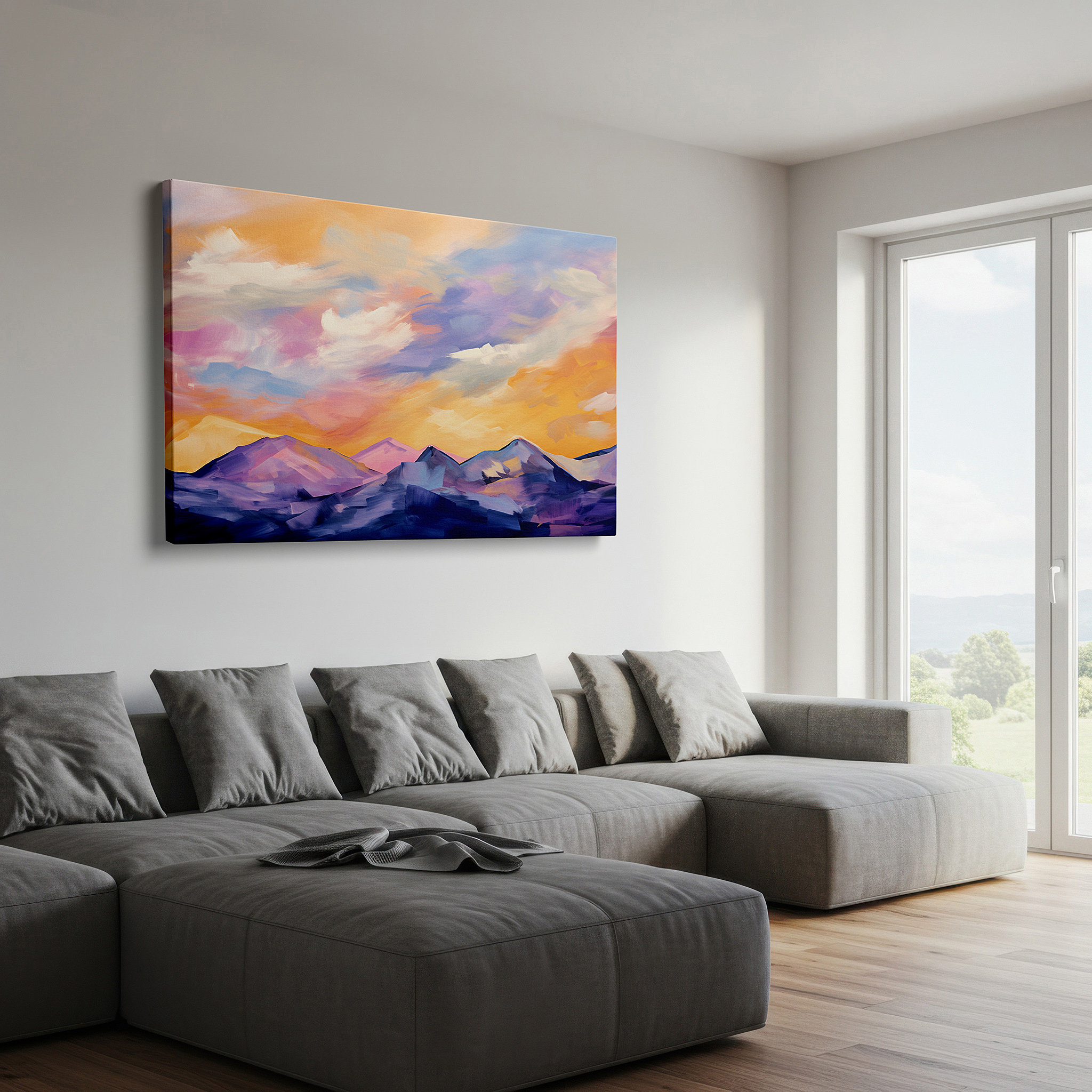 Gently illuminated by ambient lighting in an entryway — twilight's majestic shift - abstract mountain landscape in purple, pink, and orange hues, large canvas wall art for home and office decor