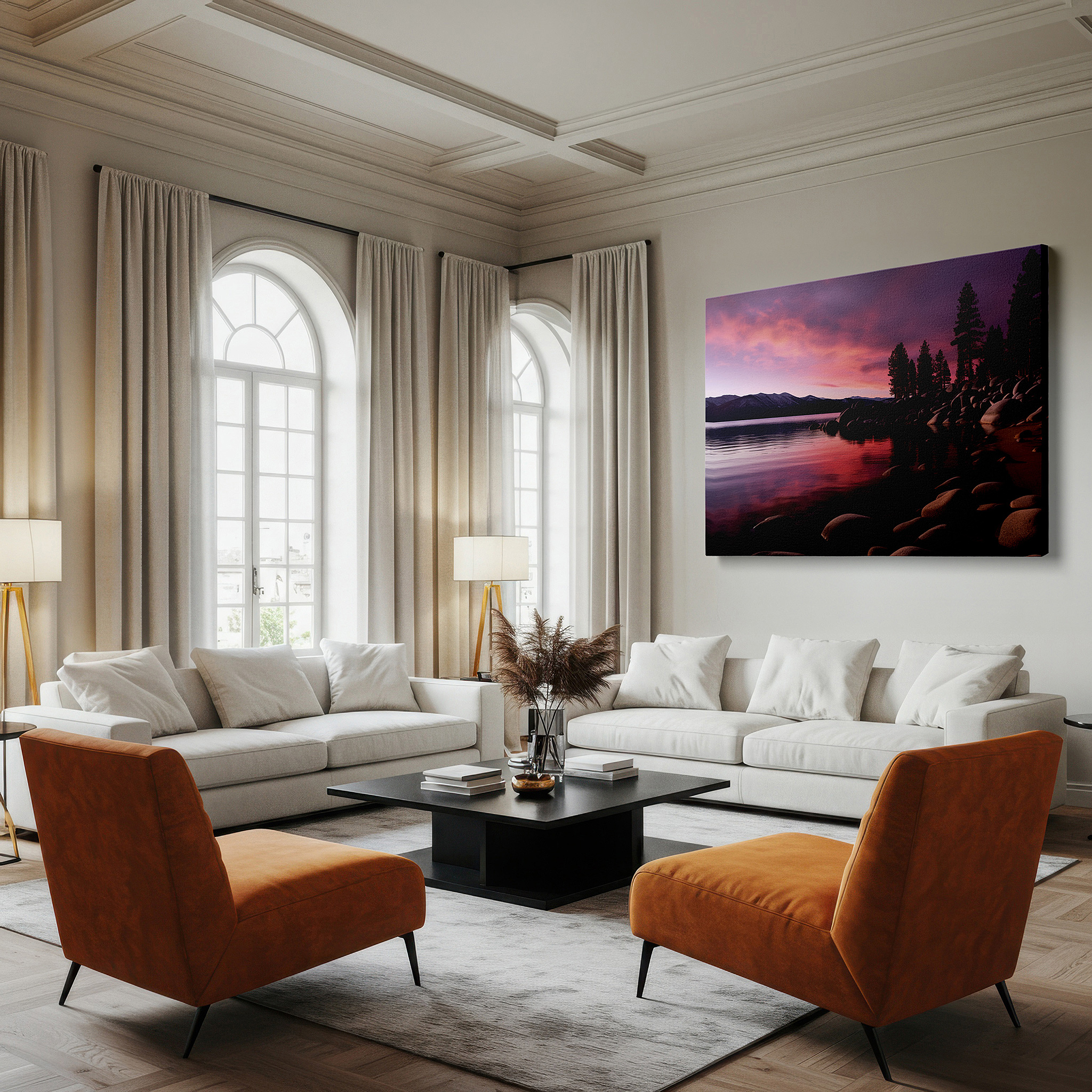 Gently illuminated by ambient lighting in an entryway — twilight whispers by the lake - serene transition into night's embrace - large canvas wall art for office and bedroom decor