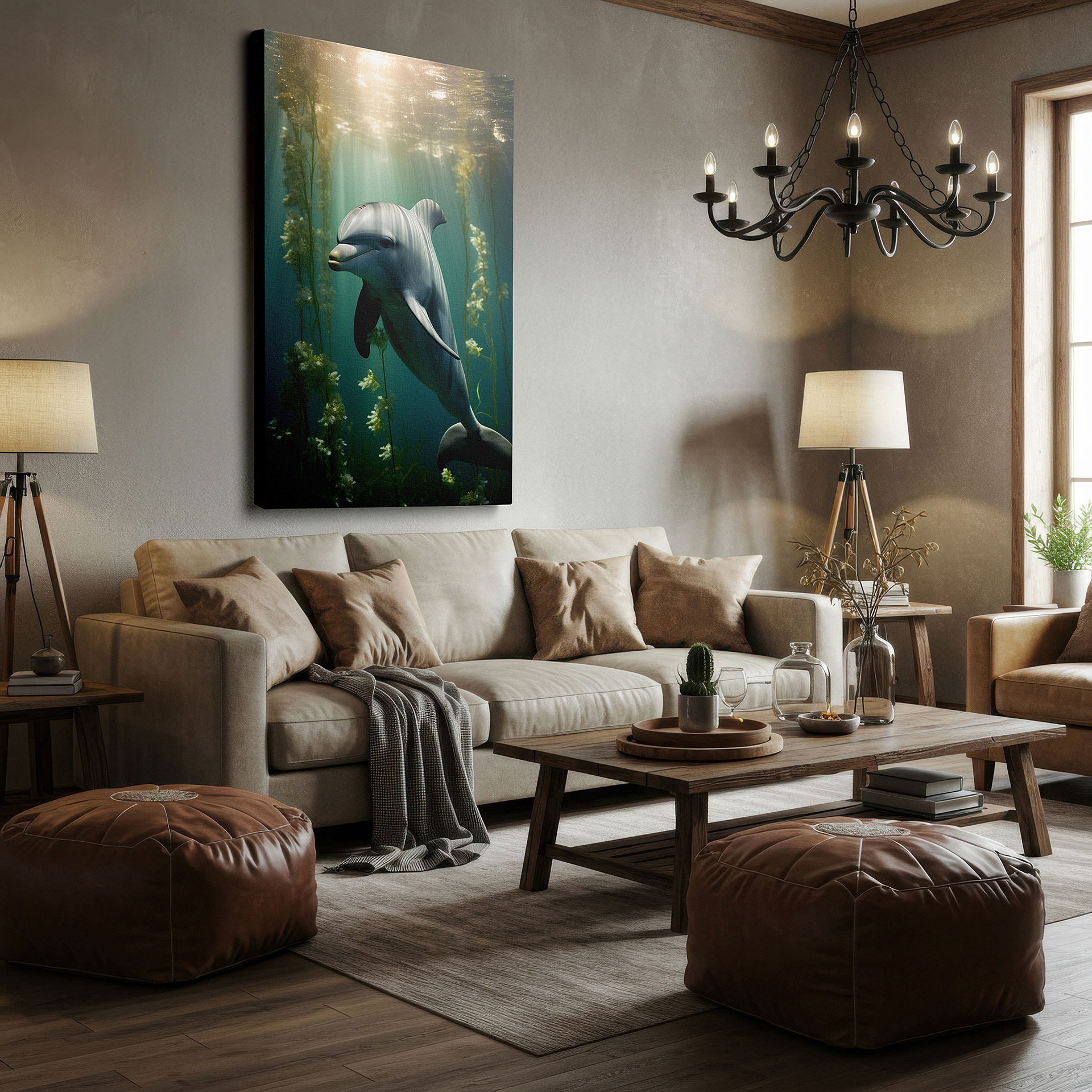 Gently illuminated by ambient lighting in an entryway — underwater dolphin adventure in a colorful aquatic garden - large canvas wall art for office and bedroom decor