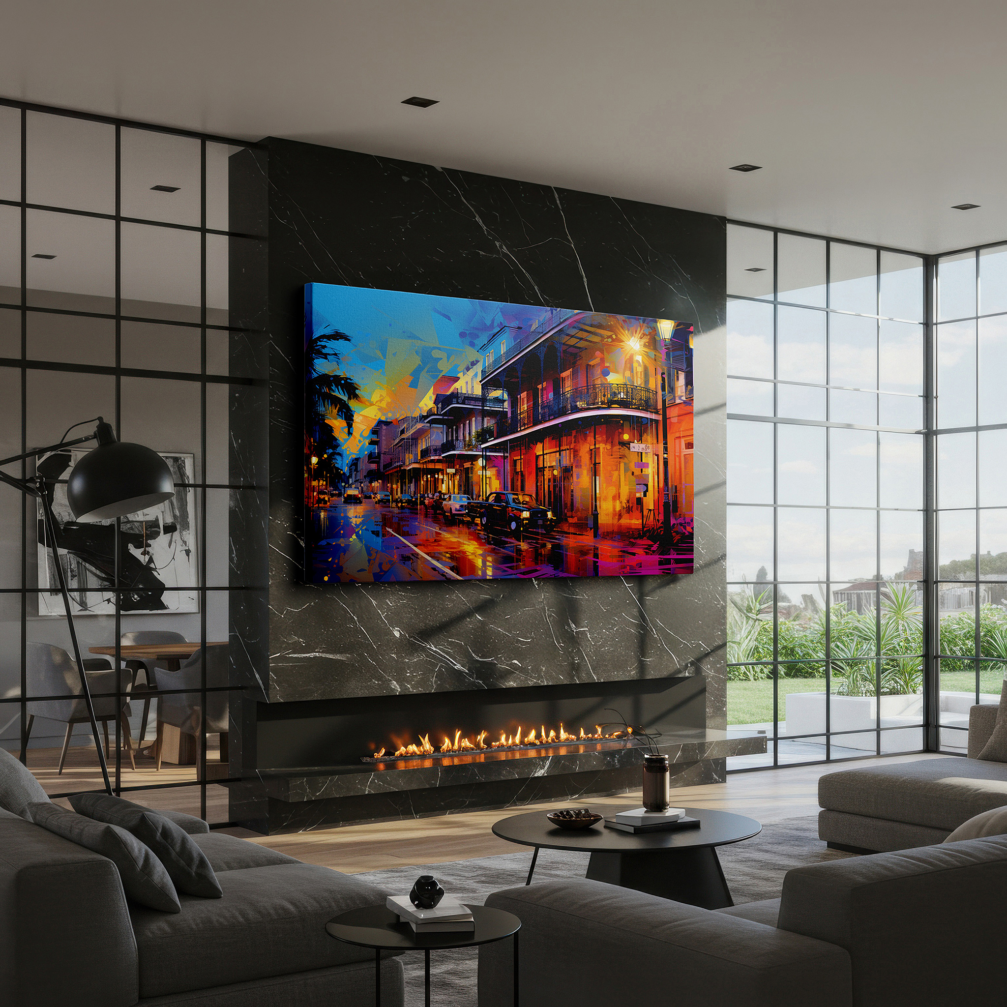 Gently illuminated by ambient lighting in an entryway — urban nightscape featuring neon lights, classic cars, and wet streets - large canvas wall art for office and bedroom decor