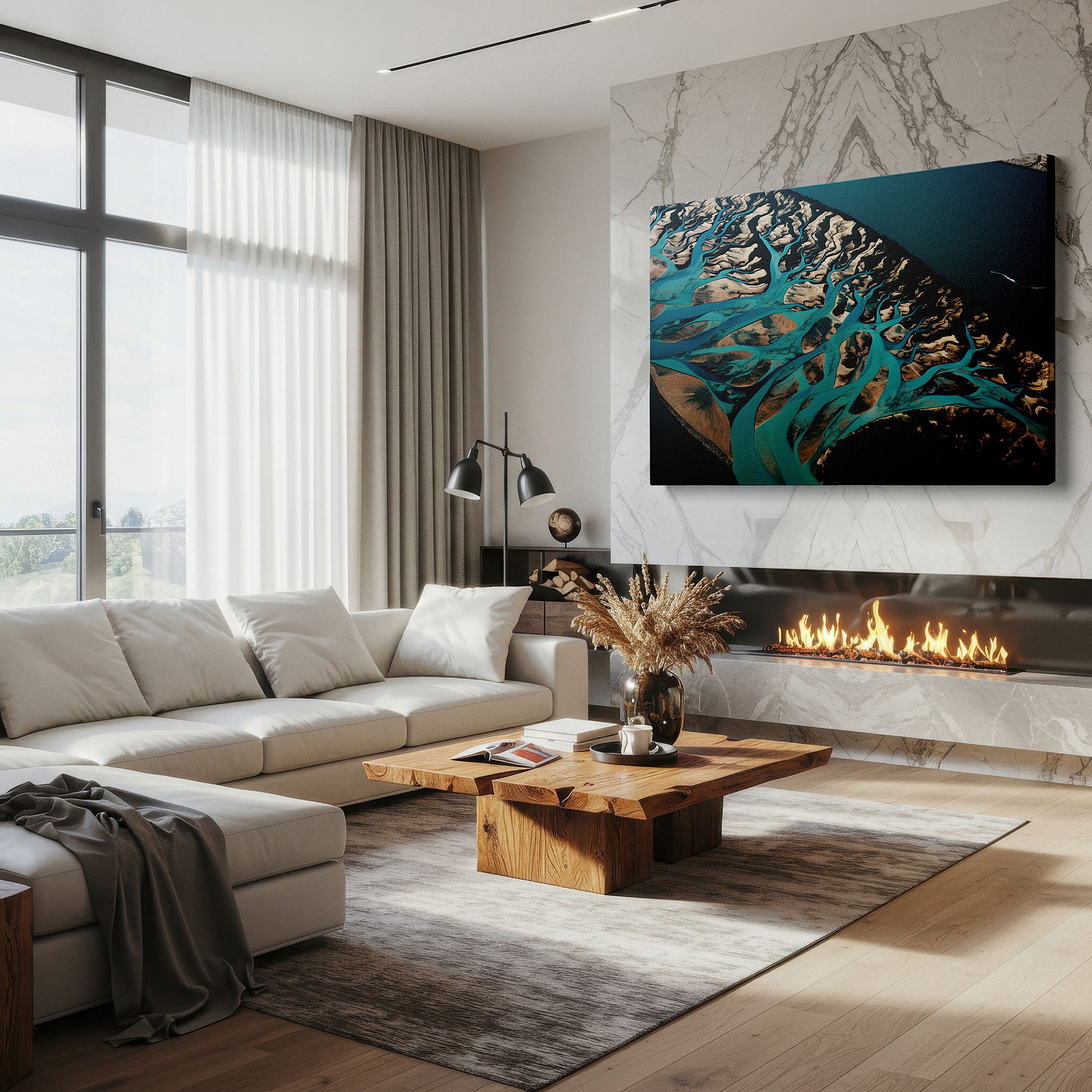 Gently illuminated by ambient lighting in an entryway — vibrant aerial river landscapes on expansive canvas, large wall decor for office