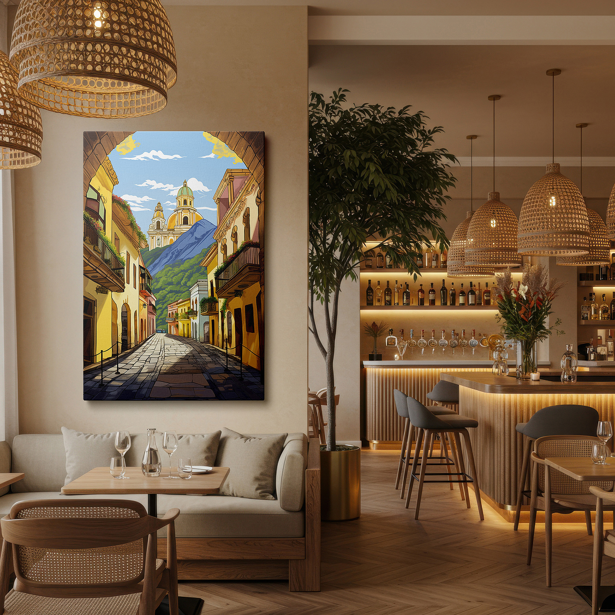 Gently illuminated by ambient lighting in an entryway — vibrant village scenes and majestic mountain views: large canvas wall art for home and office decor